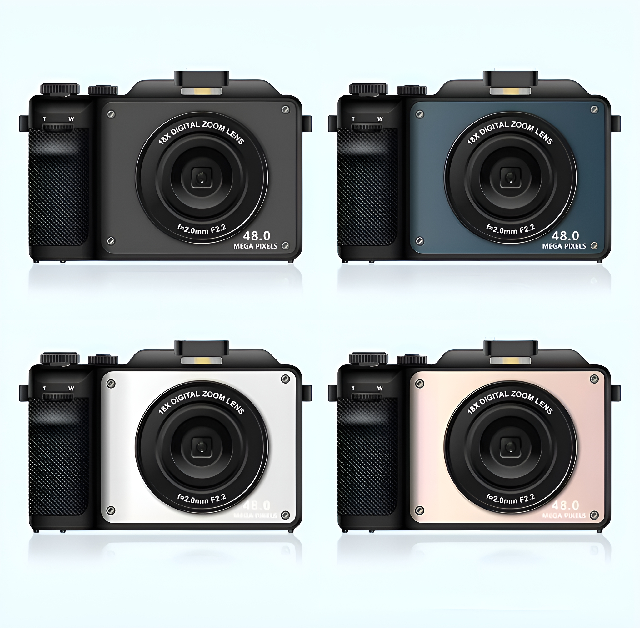 Vier Digitalkameras in verschiedenen Farben: Schwarz, Blau, Weiß und Rosa, auf weißem Hintergrund.