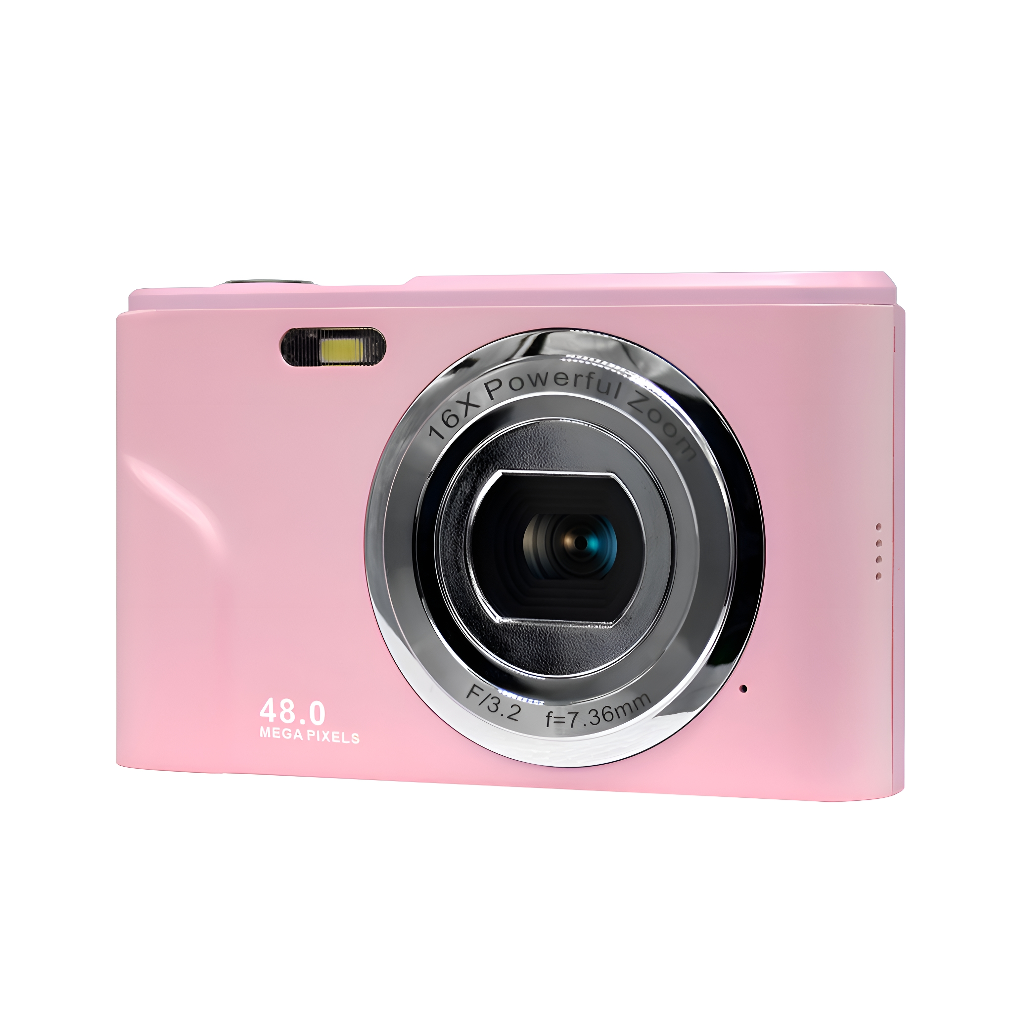 Rosa Digitalkamera, silberner Objektivrand, mit Text, der 48 Megapixel und 16x Zoom angibt.
