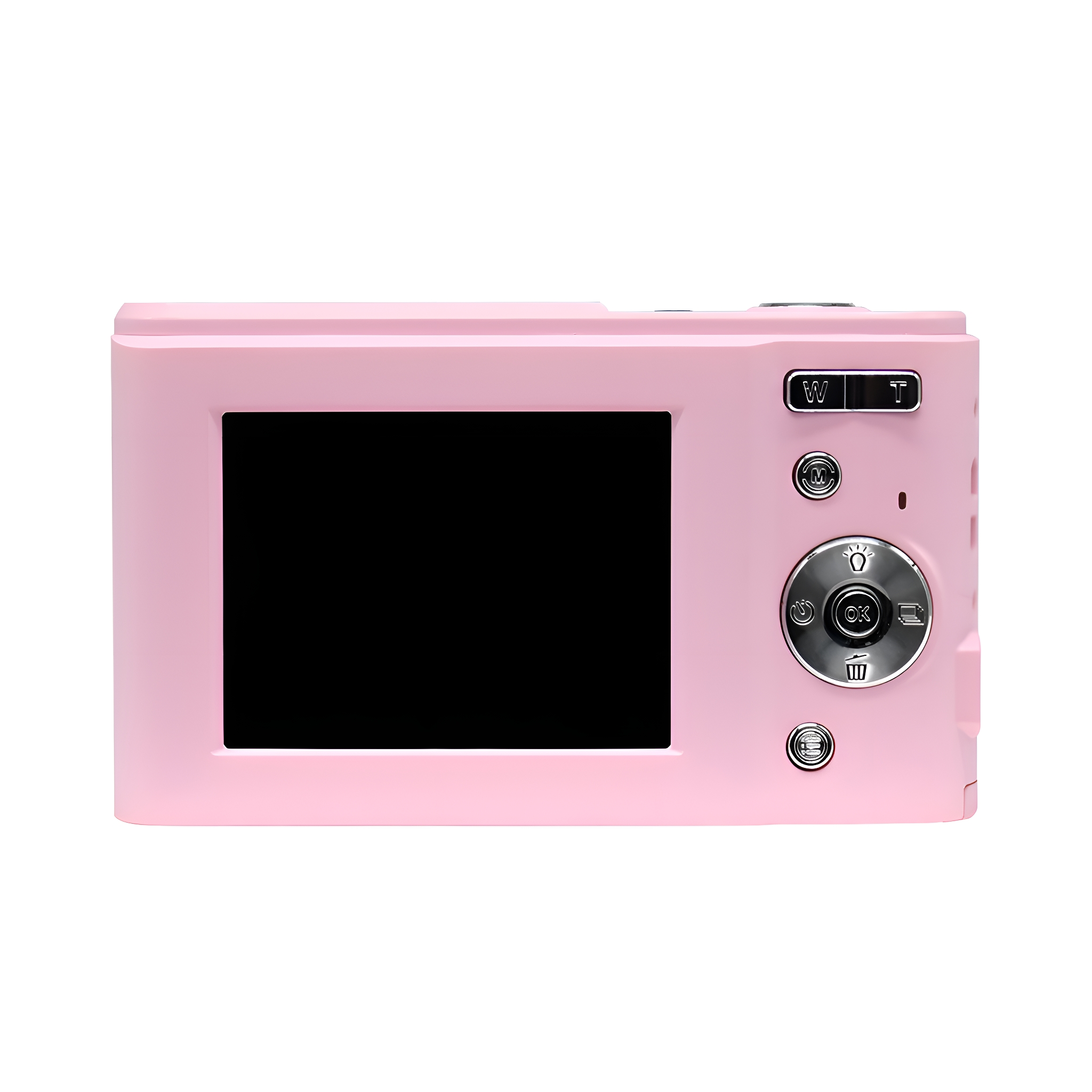 Eine rosa Digitalkamera mit schwarzem Bildschirm und Knöpfen, dem Betrachter zugewandt.