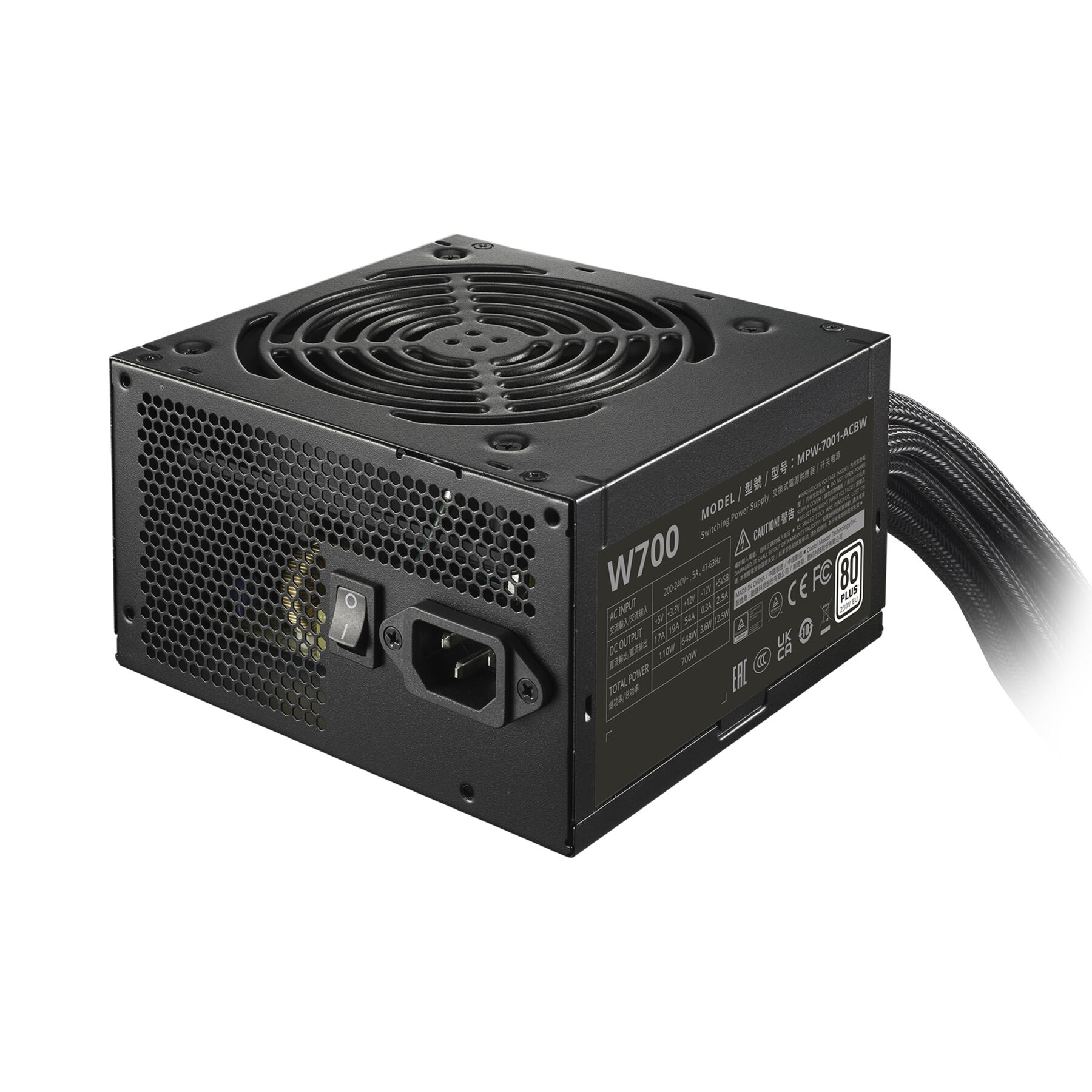 Black power supply unit with fan and various connectors on a white background.