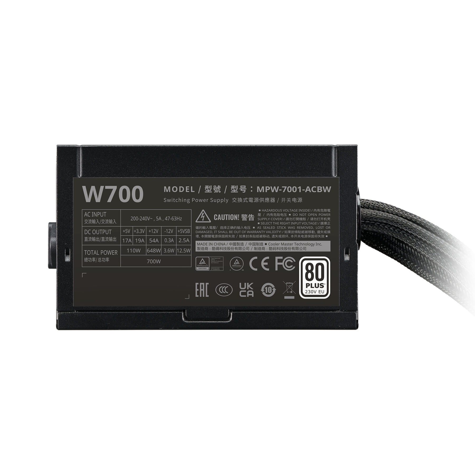 W700 power supply unit, with specifications and certifications visible.