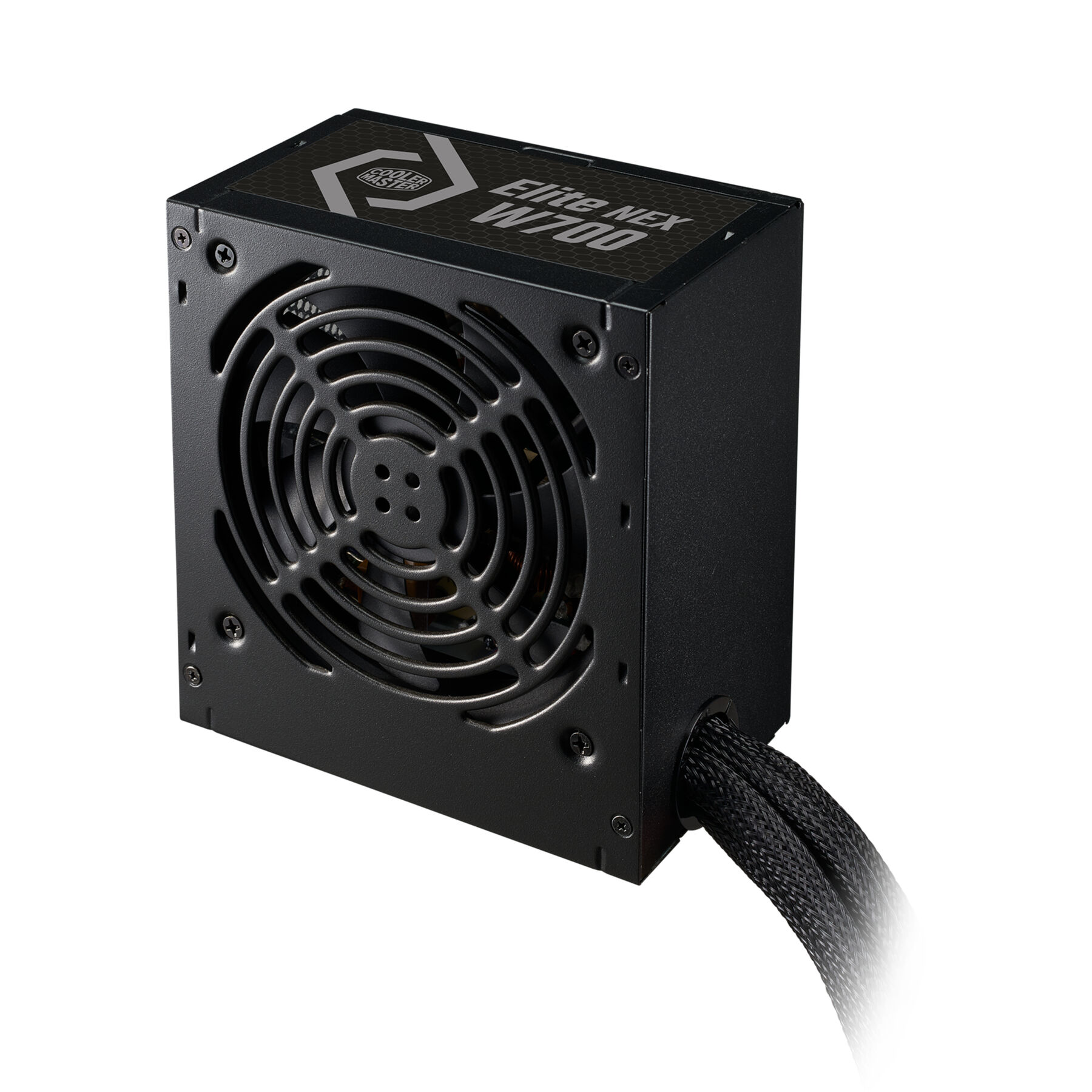 Black computer power supply unit with a fan and cable, isolated against a white background.