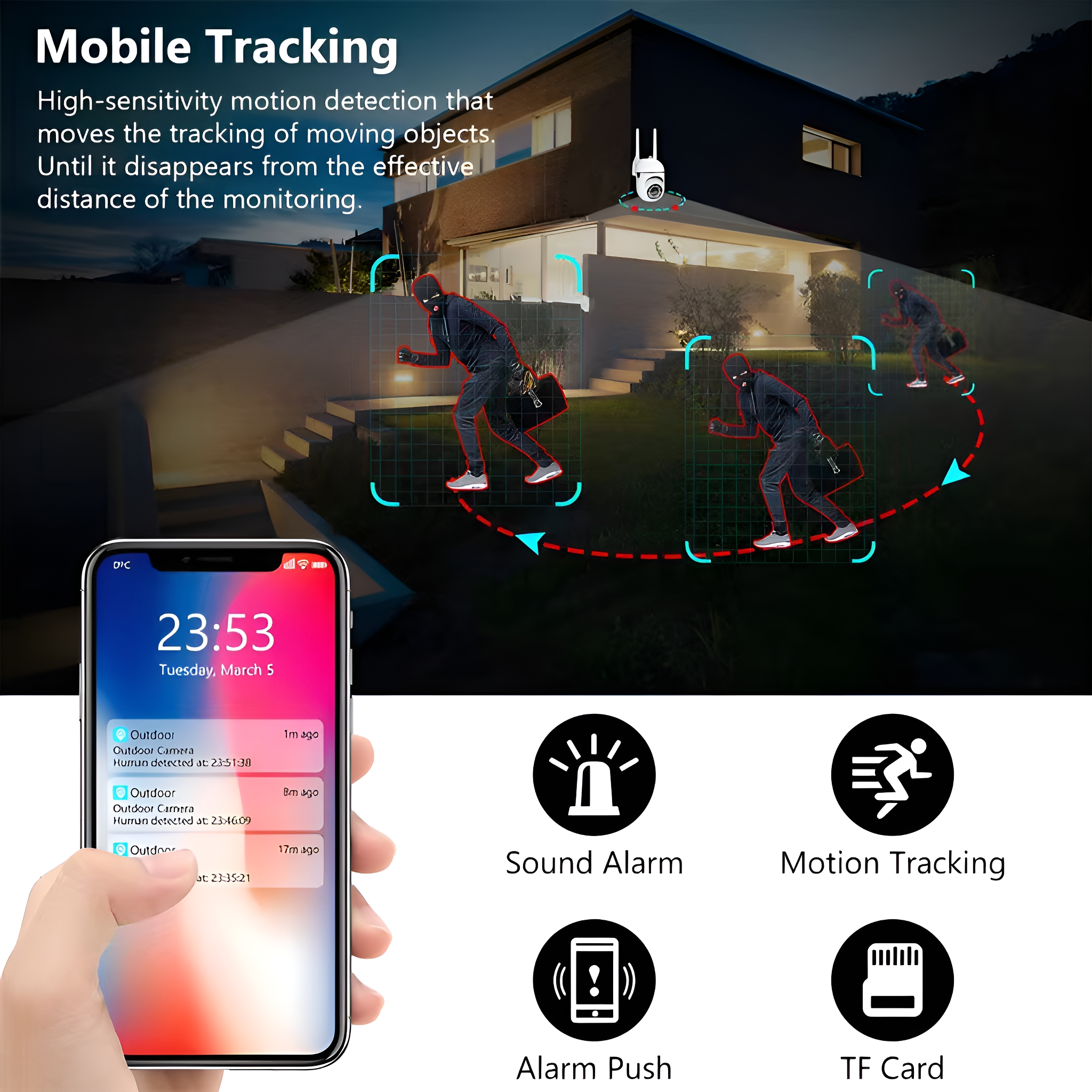 Hausüberwachungssystem, das ein Haus überwacht. Ein Telefon zeigt Benachrichtigungen an.