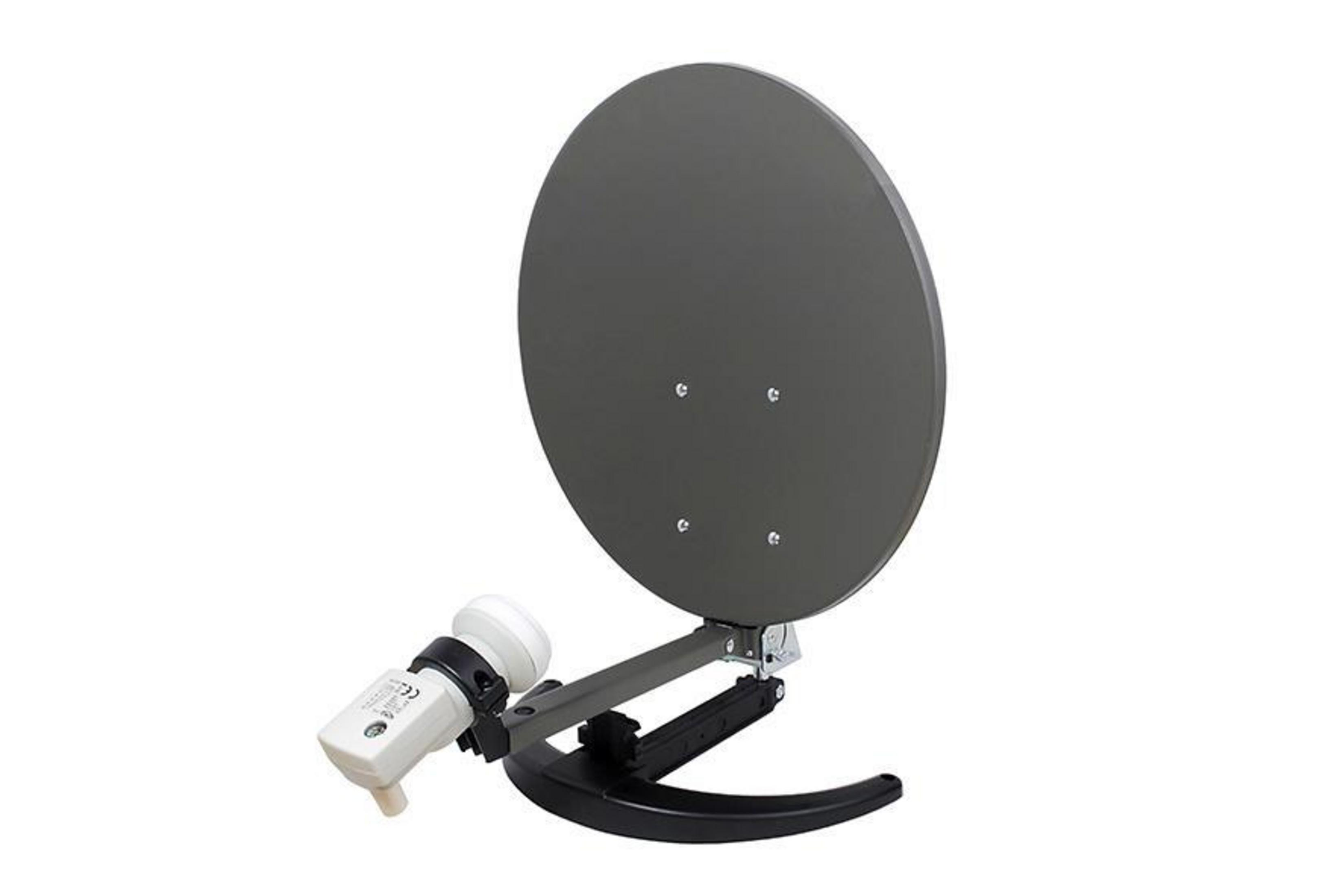 Eine graue Satellitenschüssel mit einem weißen LNB und Tragwerk, vor weißem Hintergrund.