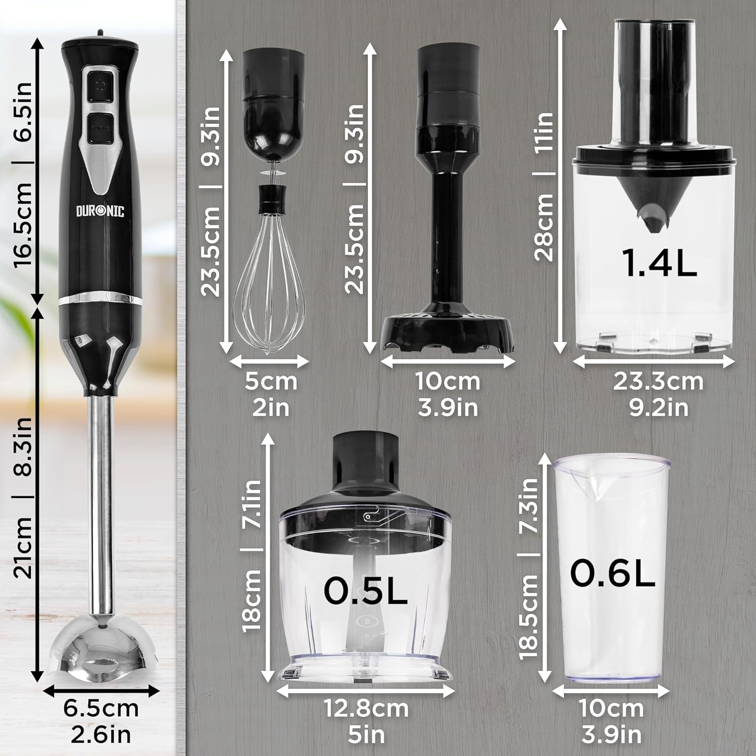 Verschiedene Teile eines schwarzen Stabmixers mit Abmessungen.