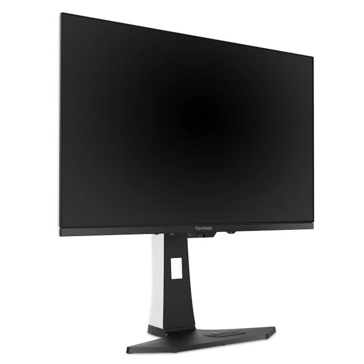 Ein schwarzer Computermonitor mit schwarzem Bildschirm auf einem schwarz-weißen Ständer.