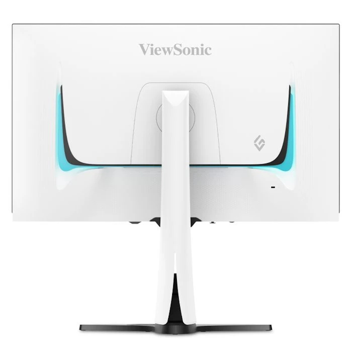 Rückseite eines weißen Computermonitors mit Ständer und ViewSonic-Logo.