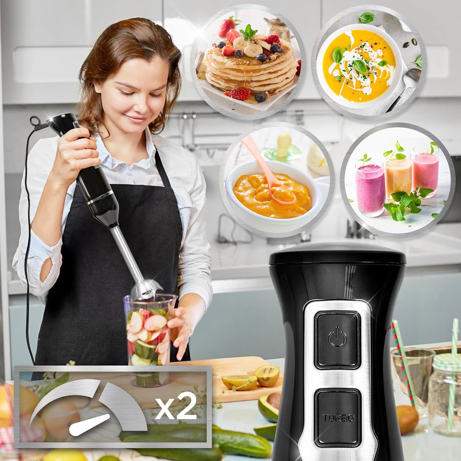 Eine Frau benutzt einen Stabmixer, mit Bildern von Essen und einer Mixerboden im Bild.