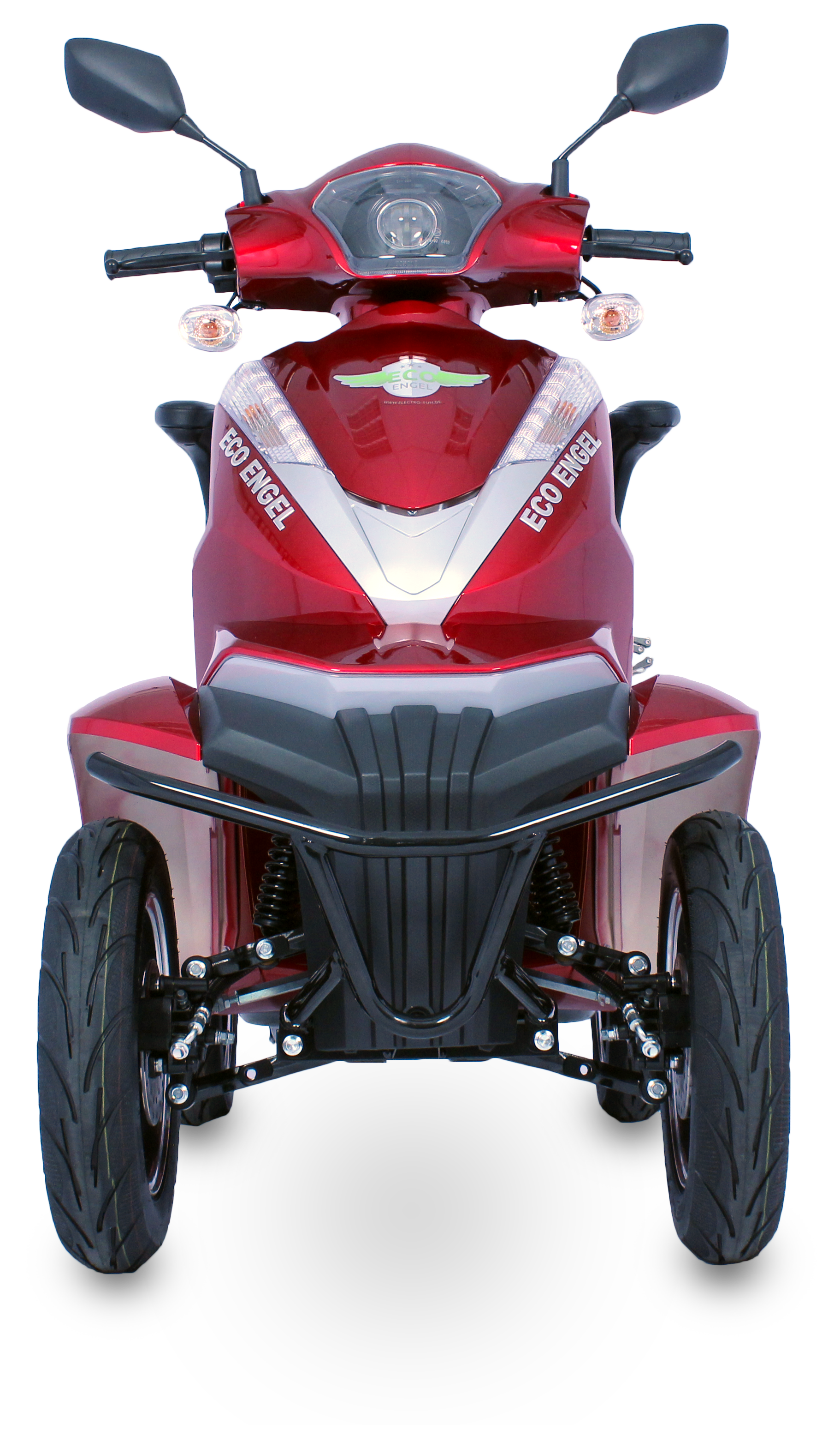 Rotes, rollerartiges Mobilitätsgerät. Es hat drei Räder und eine Front mit den Worten 'ECO ENGEL'.