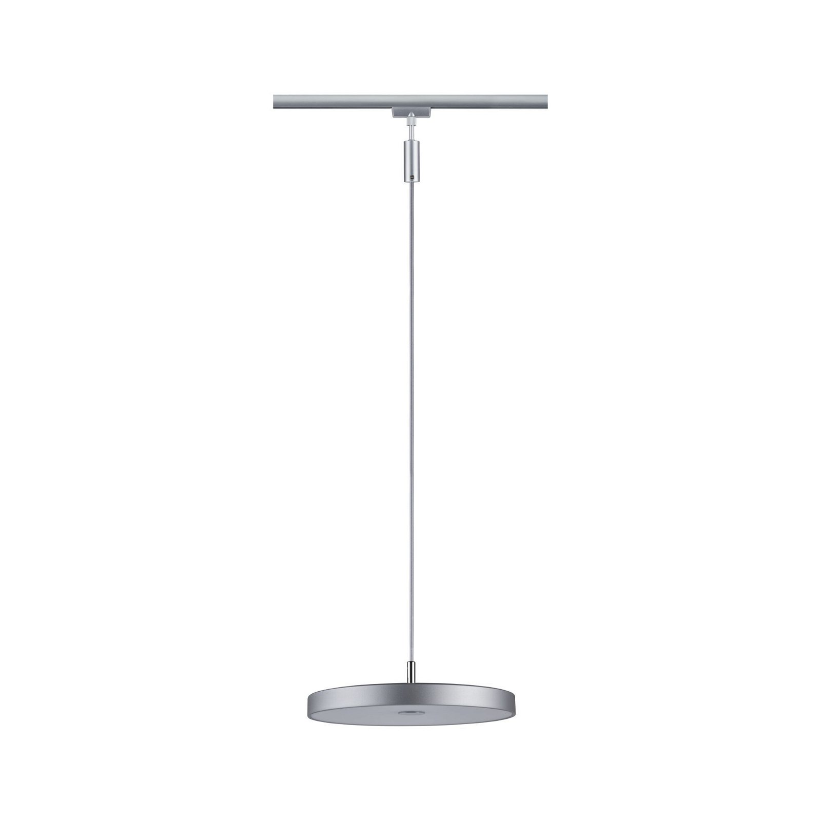 Srebrna lampa wisząca, kabel i okrągłe światło, białe tło.