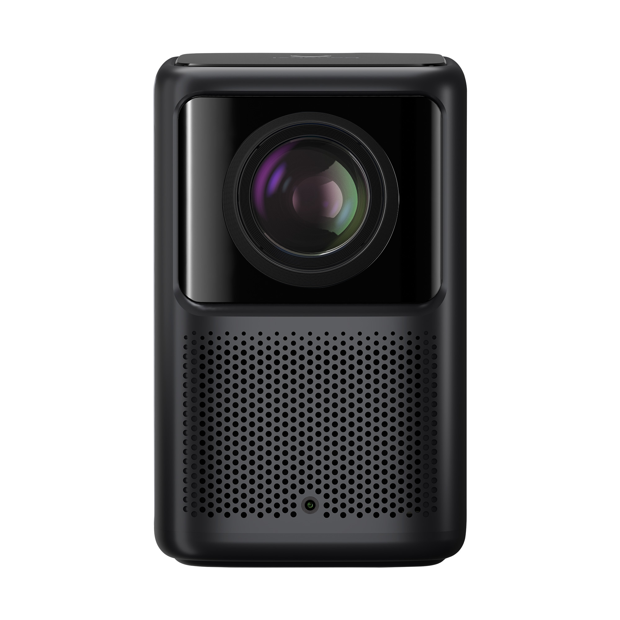 Czarny projektor z obiektywem i otworami na głośniki. Jest prostokątny.