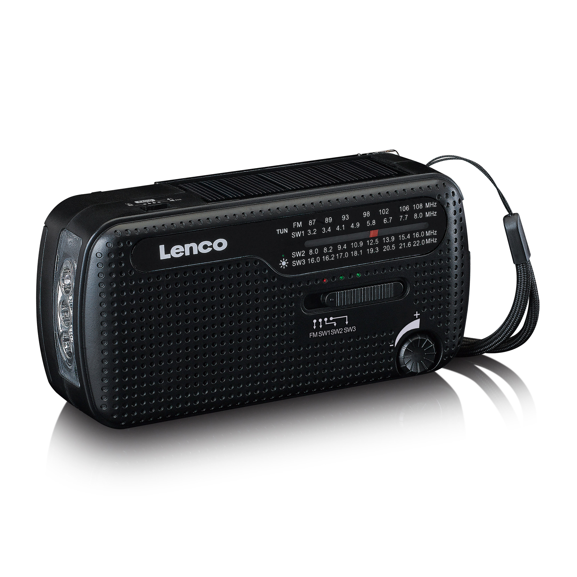 Radio portátil negro con asa, botones y pantalla. Fondo blanco.