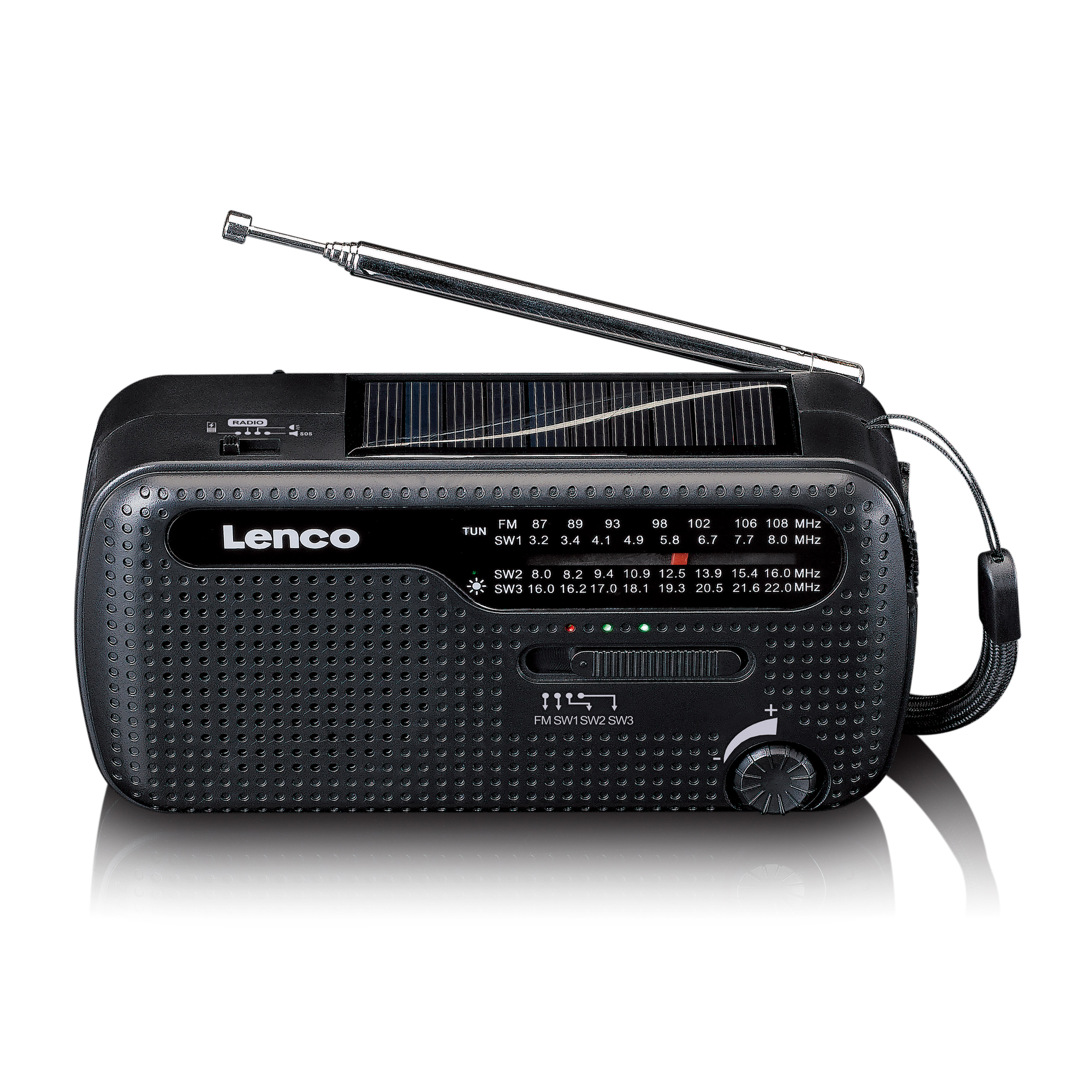 Una radio Lenco negra con un panel solar y una antena, sobre una superficie blanca.