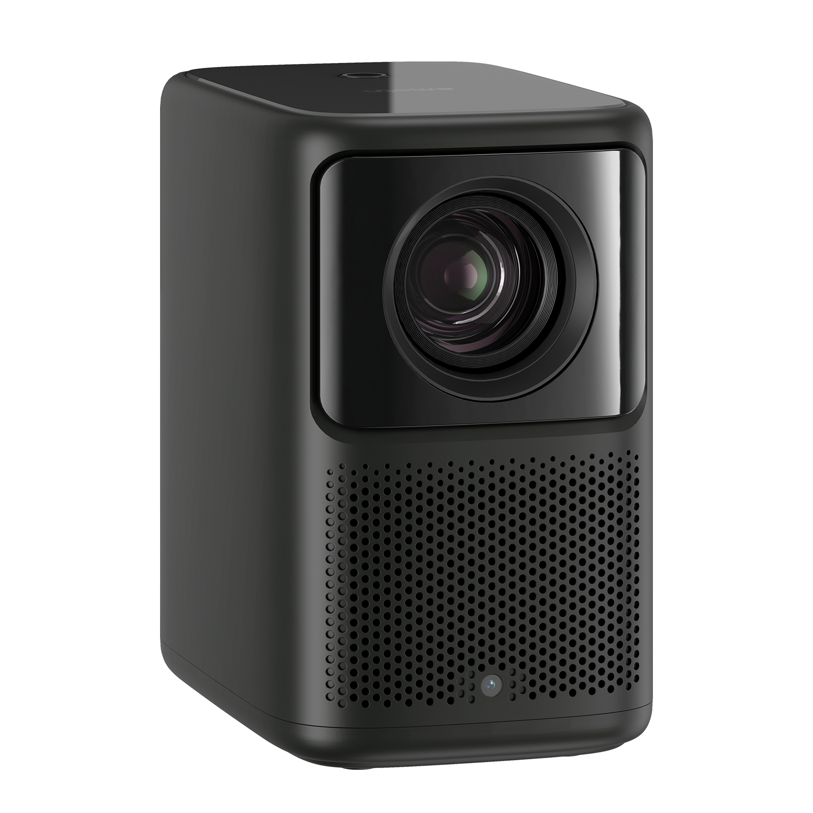 Czarny projektor z obiektywem i małym światłem z przodu. Kwadratowy design.