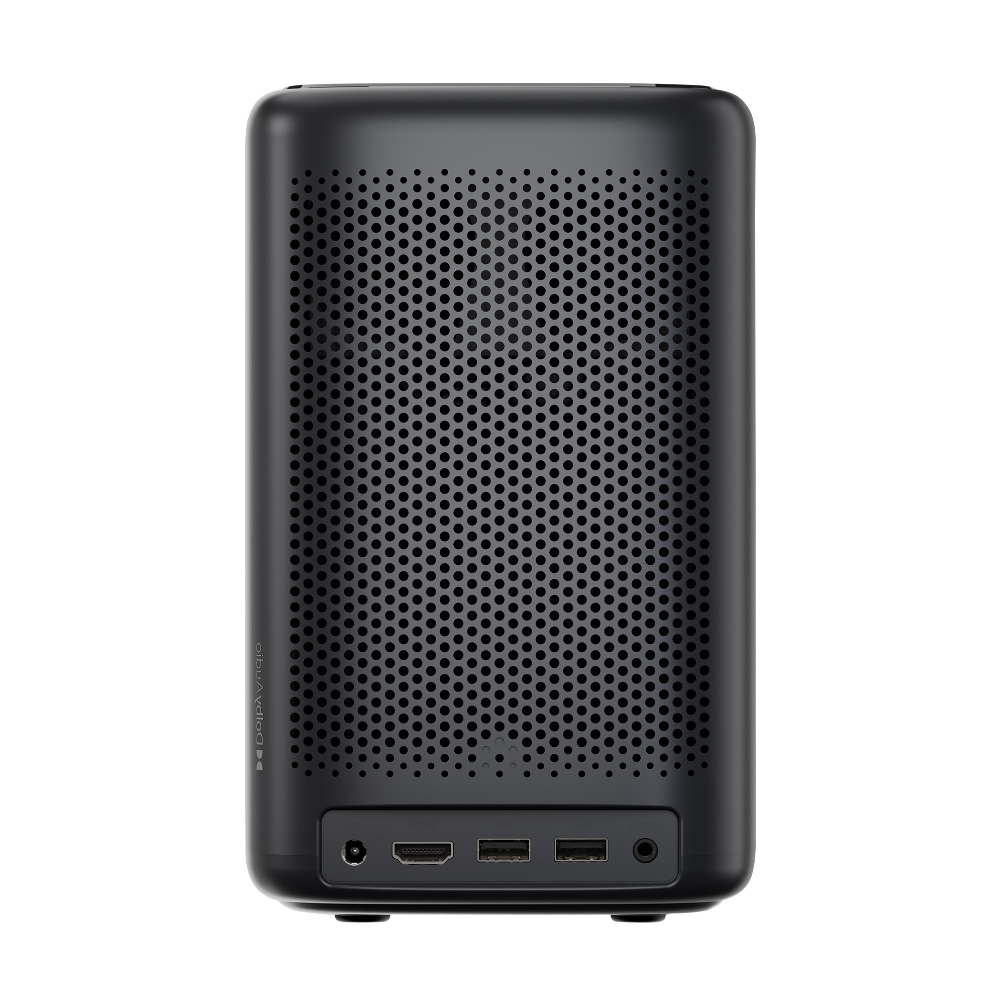 Czarny, cylindryczny głośnik z perforowanym przodem i portami. Nowoczesny design.