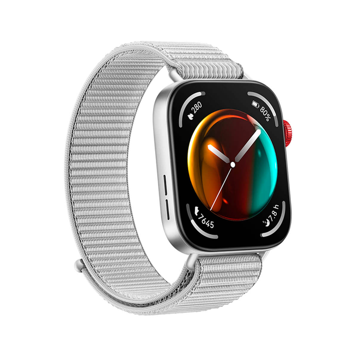 Srebrny smartwatch z białym paskiem z tkaniny. Ekran wyświetla dane i czas.