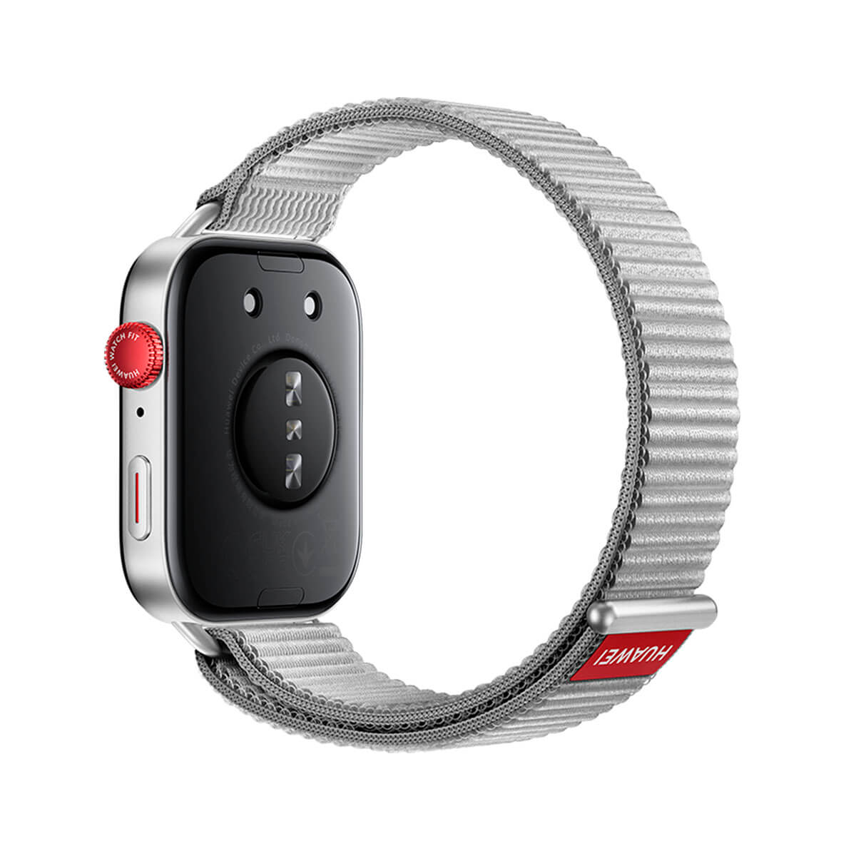 Srebrny smartwatch z szarym paskiem i czerwonym przyciskiem. Pasek ma logo Huawei.