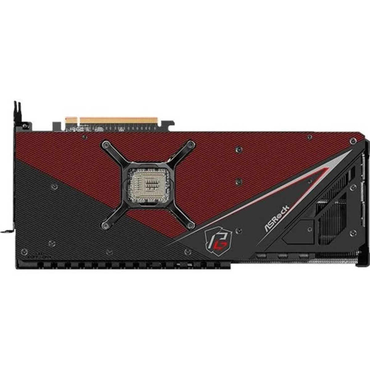 Grafikkarte. Rotes und schwarzes Design. ASRock-Logo vorhanden. Mehrere Anschlüsse unten.