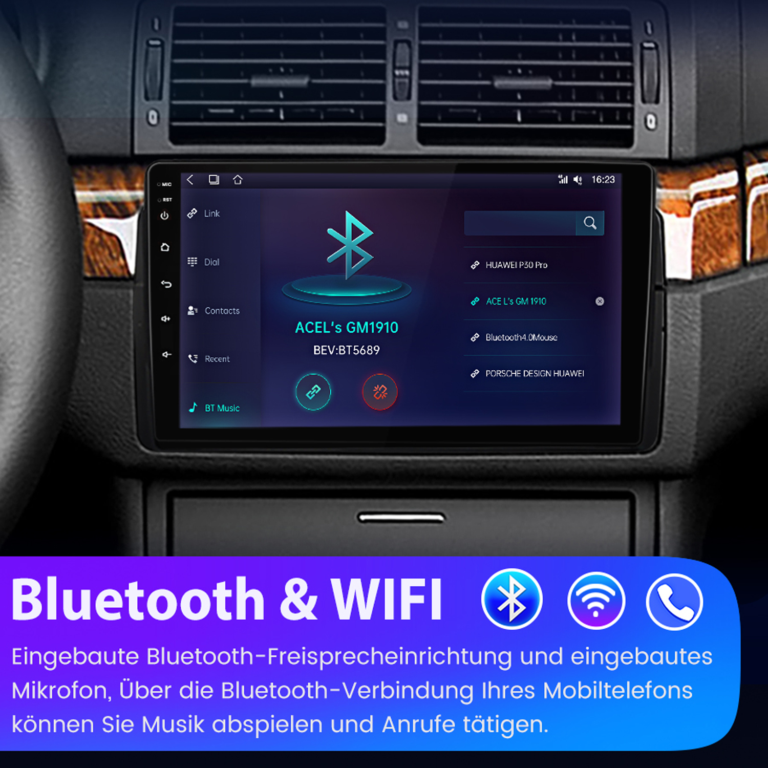 Auto-Dashboard-Bildschirm, der Bluetooth- und Wifi-Details anzeigt, mit Text darunter.