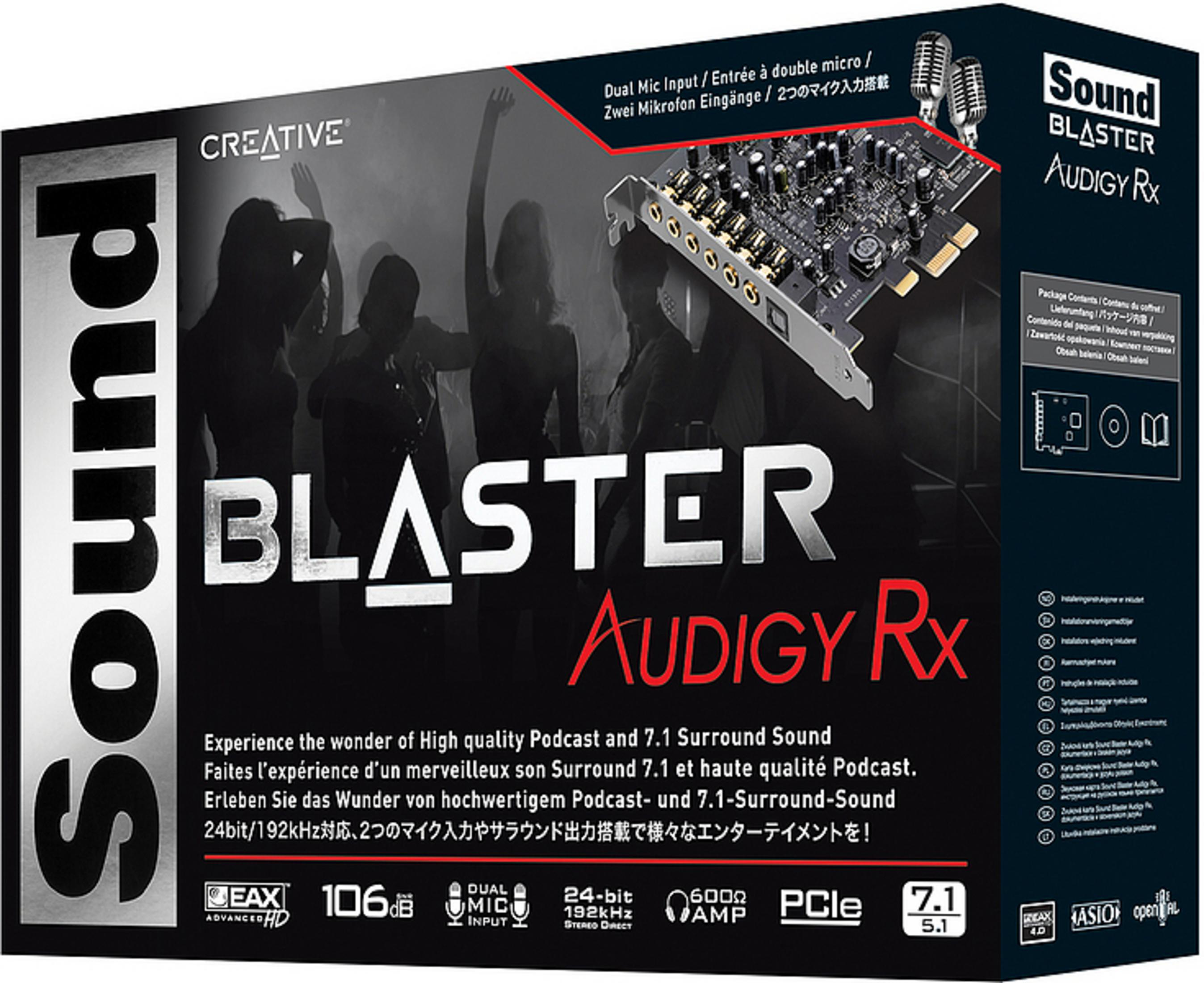 Caja Sound Blaster Audigy Rx, con imágenes de personas, equipos de sonido y detalles del producto.