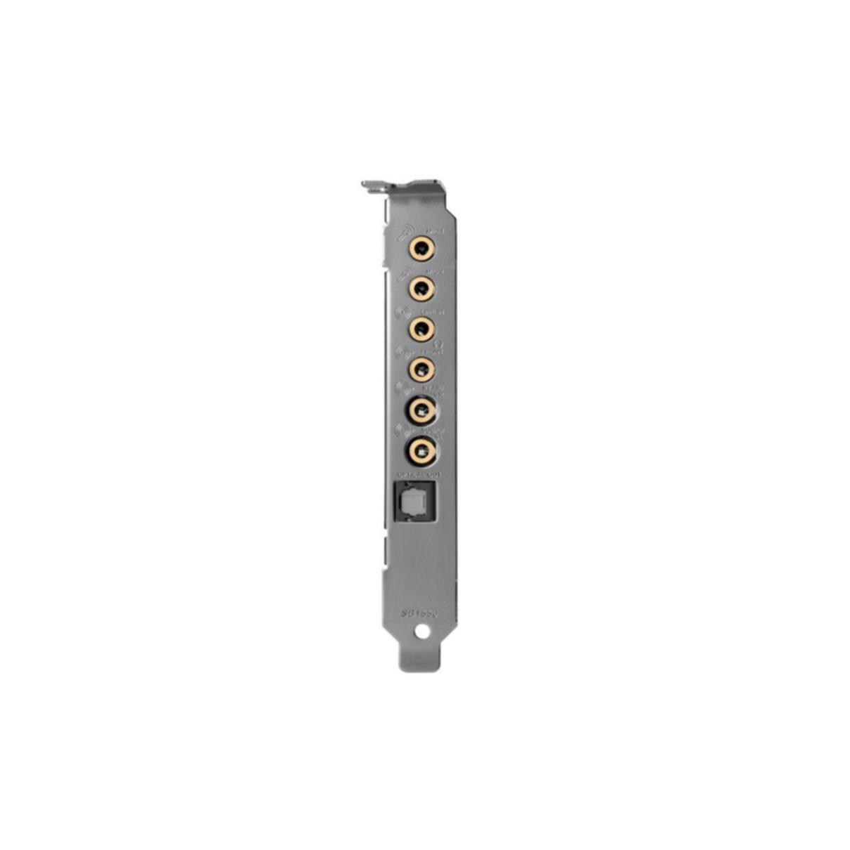 Tarjeta de sonido, con múltiples conectores dorados y un puerto óptico, fondo blanco.