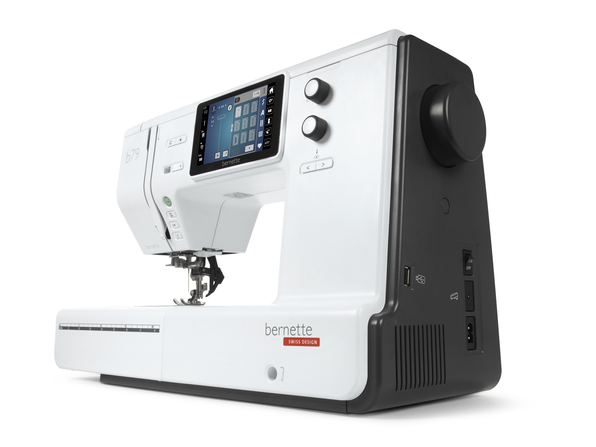 Eine weiß-schwarze Bernette-Nähmaschine mit Touchscreen und Knöpfen.