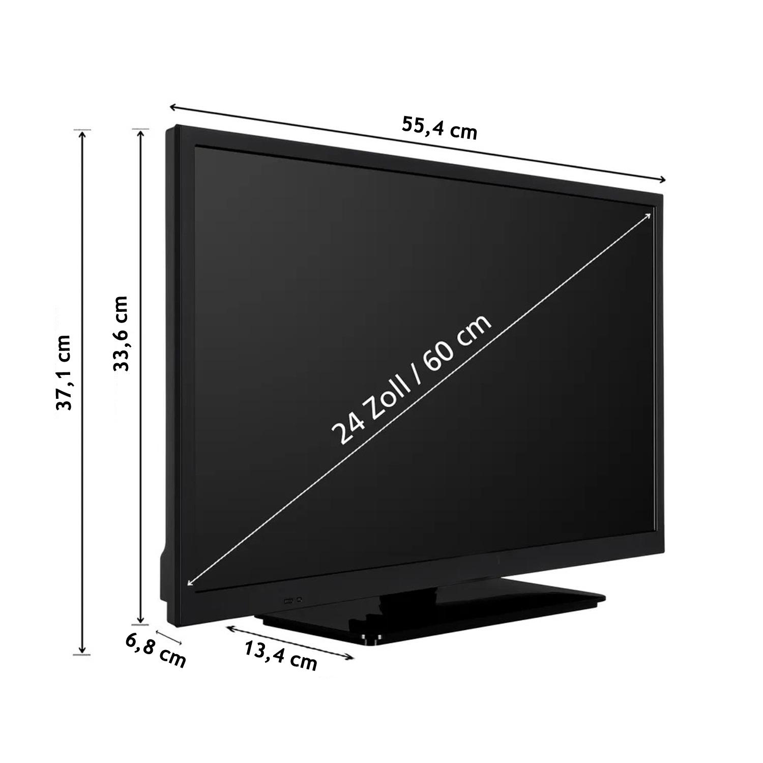 Ein schwarzer Fernseher mit Abmessungen. Text: 24 Zoll / 60 cm. Schwarzer Ständer, weißer Hintergrund.