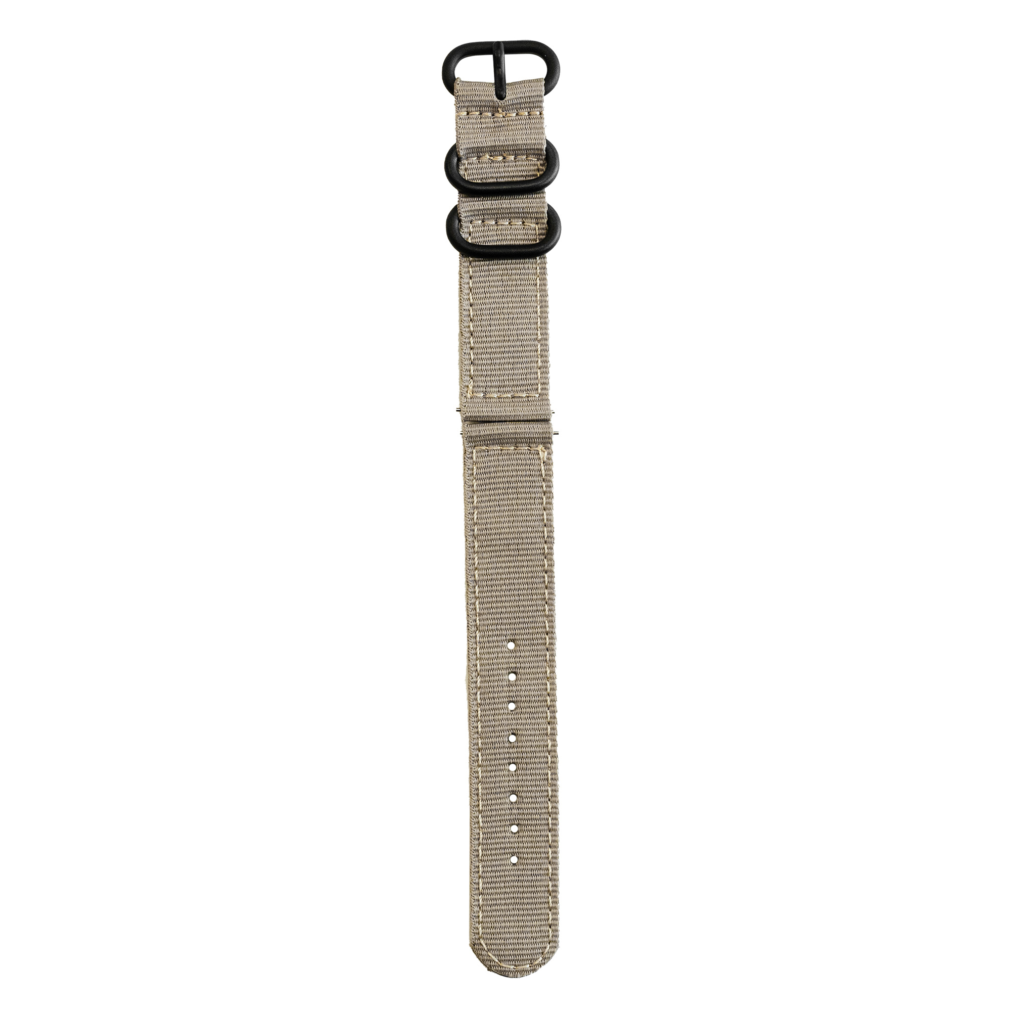 Beigefarbenes Uhrenarmband mit schwarzen Metallschlaufen und weißen Nähten.