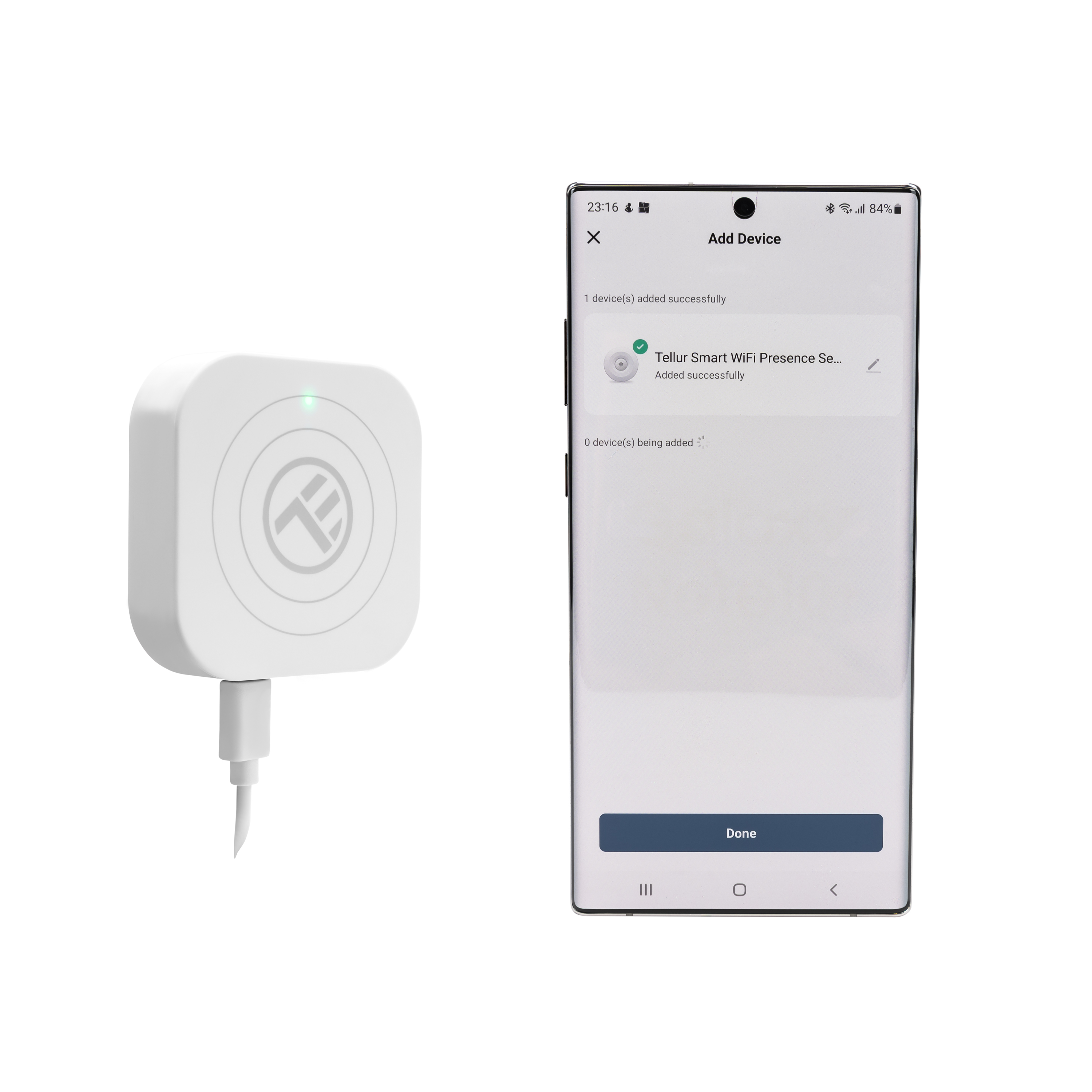Ein weißes Smart-Home-Gerät, das mit einem Telefonbildschirm verbunden ist, auf dem ein Gerät erfolgreich hinzugefügt wurde.