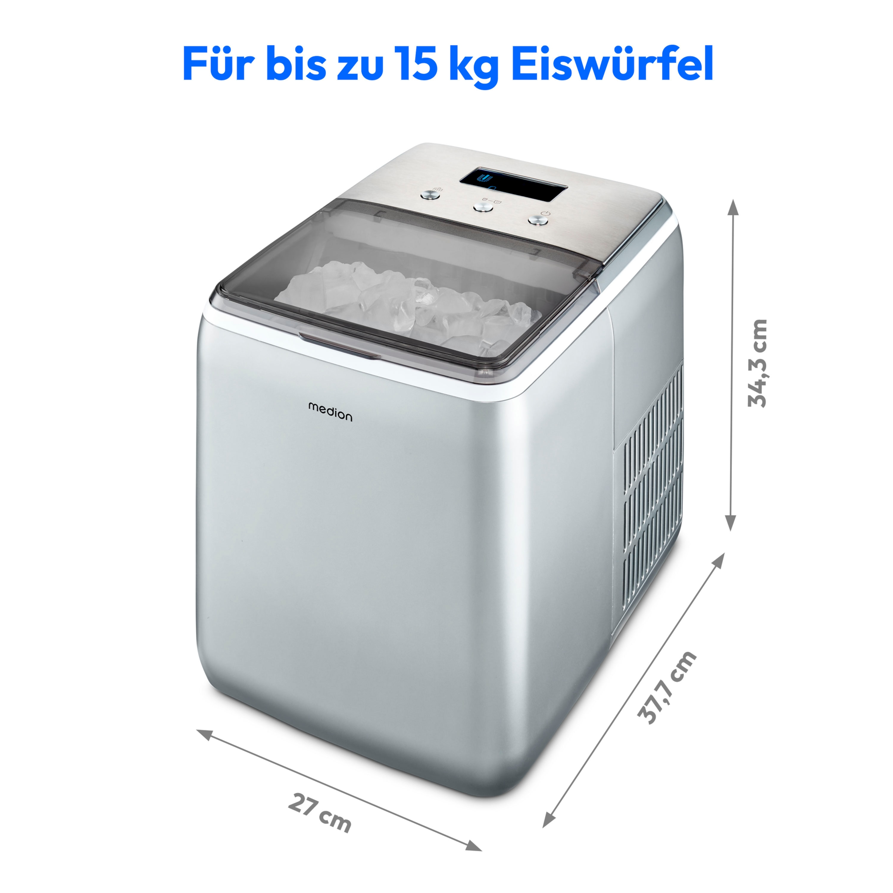 Szara kostkarka do lodu z przezroczystym blatem. Wymiary wskazane są strzałkami.