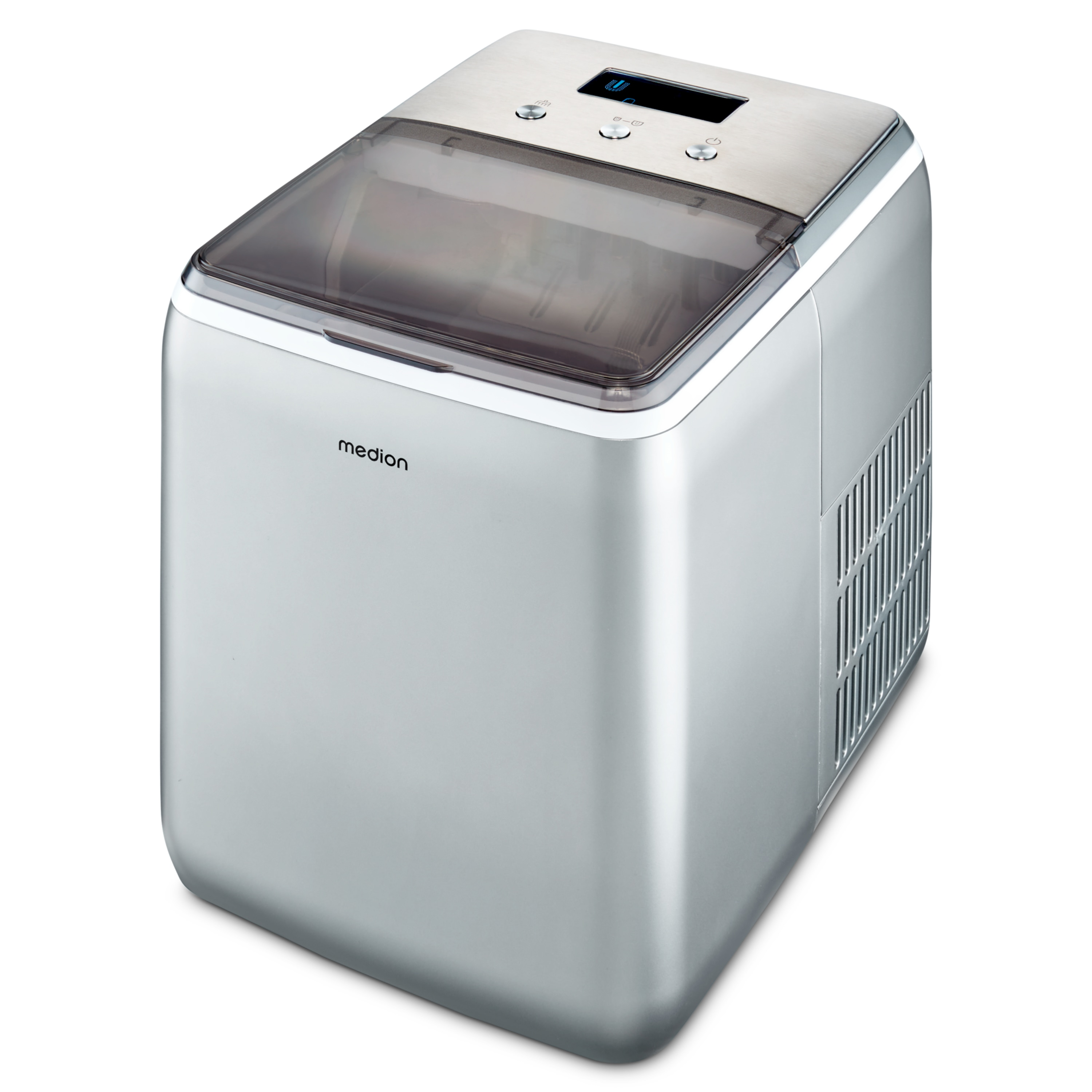 Srebrna kostkarka do lodu z przezroczystą pokrywą i przyciskami sterowania.