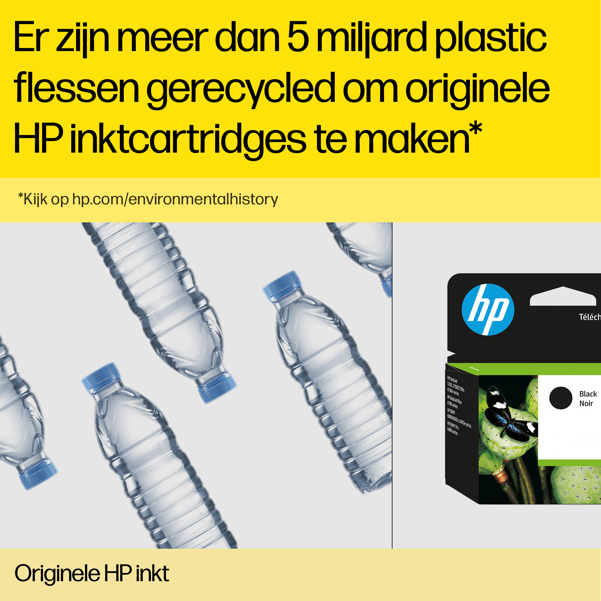 Butelki i wkład atramentowy na żółtym tle. Tekst: wkłady HP z recyklingowanego plastiku.