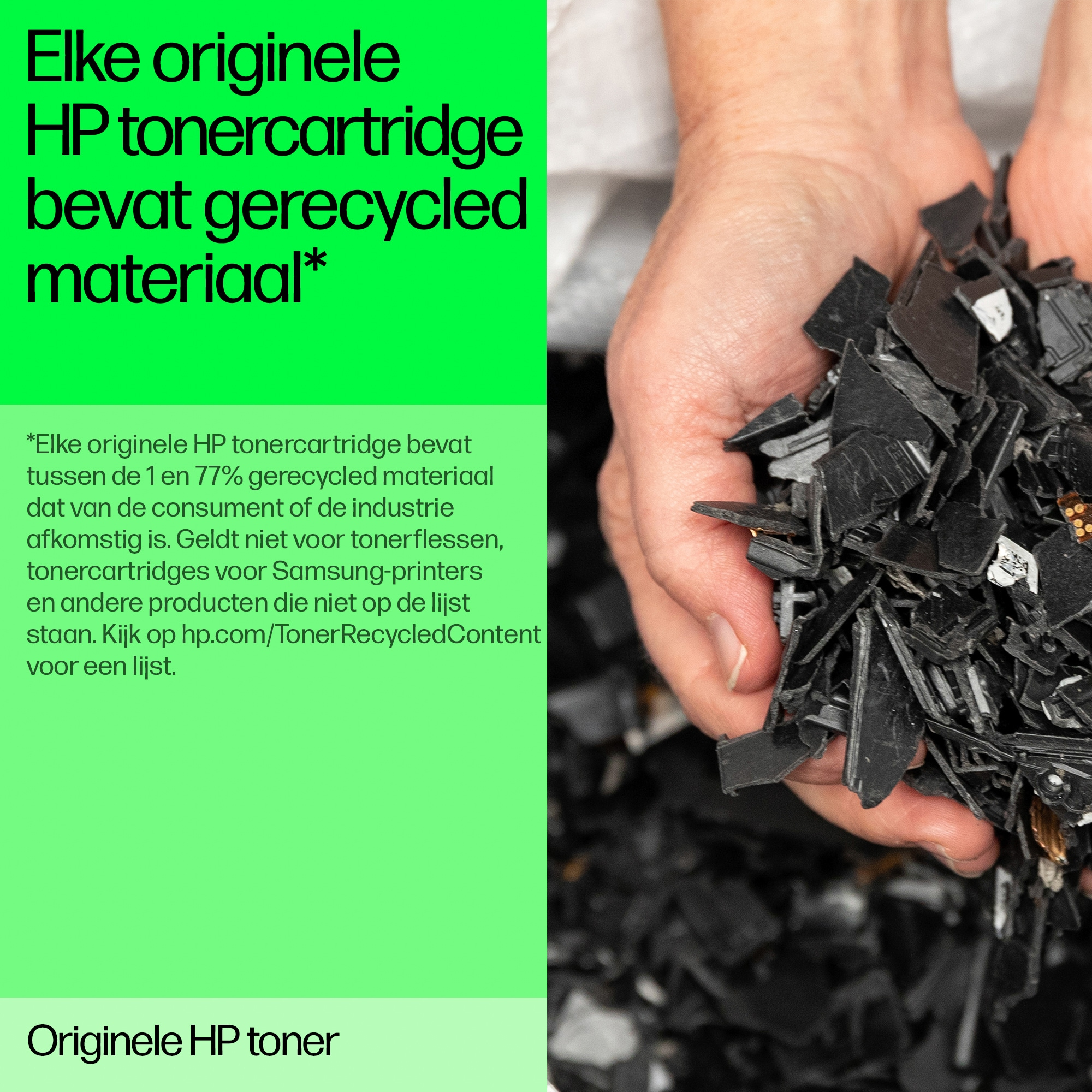 Dłoń trzymająca stos czarnych plastikowych kawałków, zielony baner z tekstem.