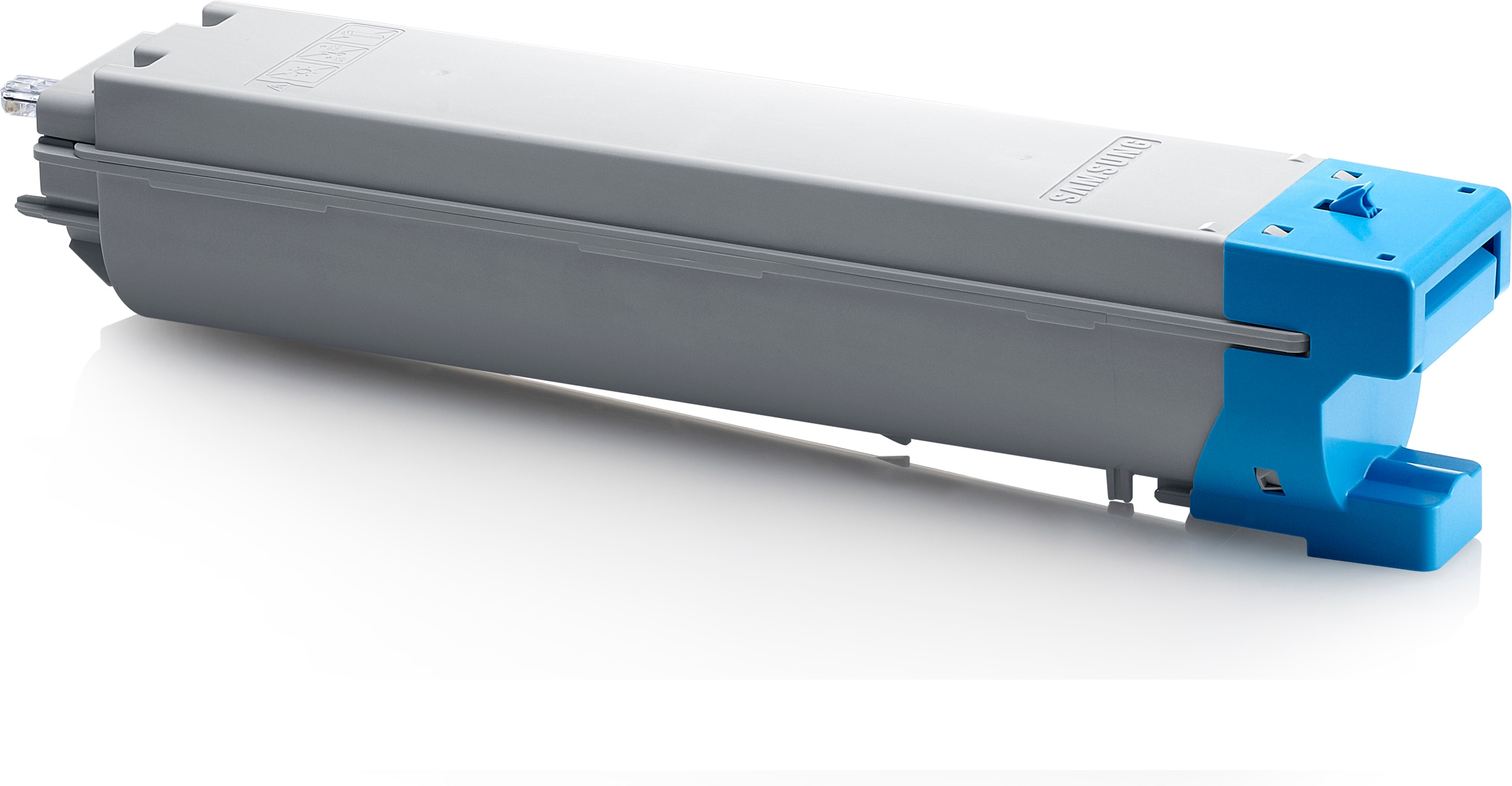 Szary i niebieski wkład atramentowy do drukarki, pokazany na białym tle. Etykieta głosi: "SAMSUNG".