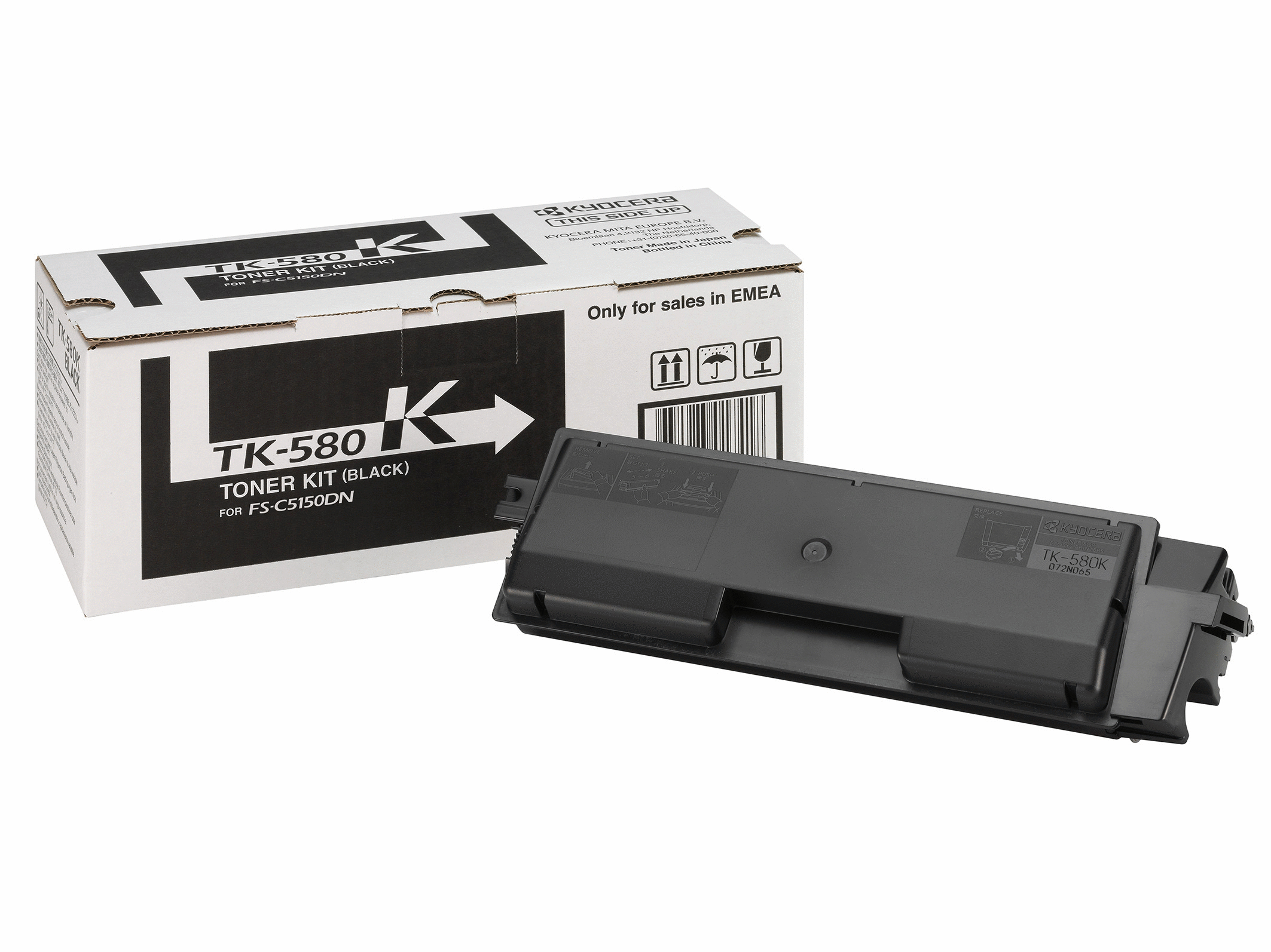 Tonercartridge doos en tonercartridge op wit.