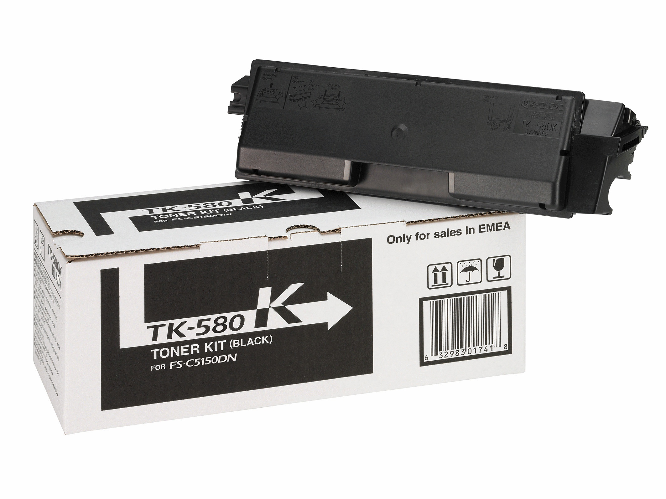 Tonerkistdoos en tonercartridge. De doos is wit en zwart. Achtergrond is wit.