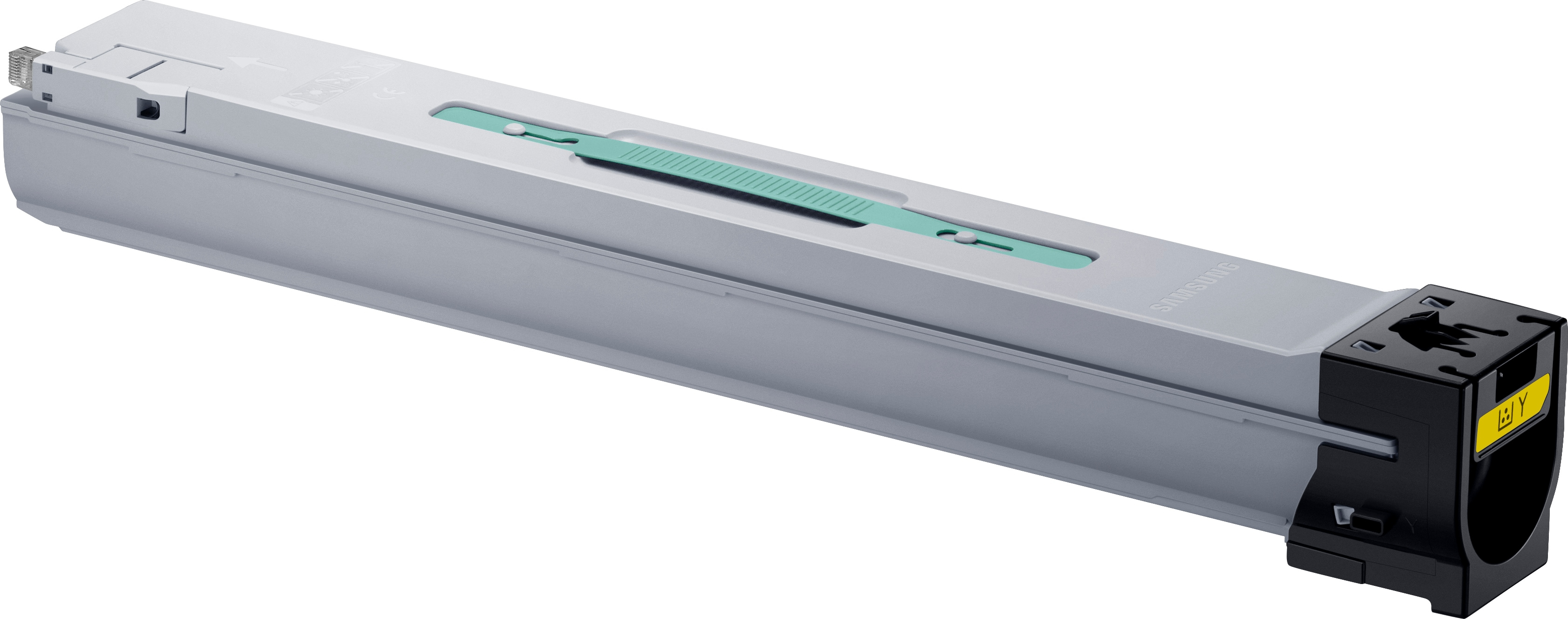 Wkład z tonerem do drukarki Samsung, szary z zielonym uchwytem, czarną końcówką i żółtą etykietą.