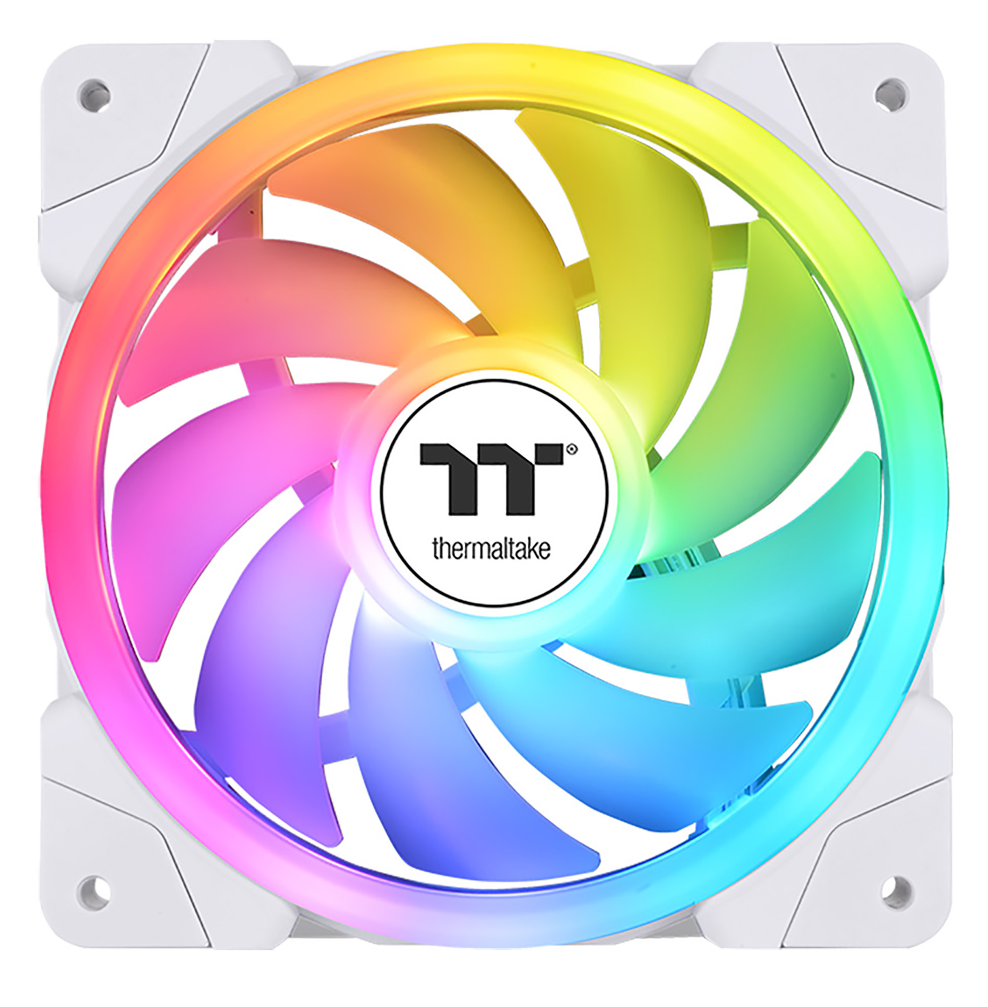 Ein weißer Computerlüfter mit Regenbogenfarben. Das Logo 'thermaltake' ist in der Mitte.