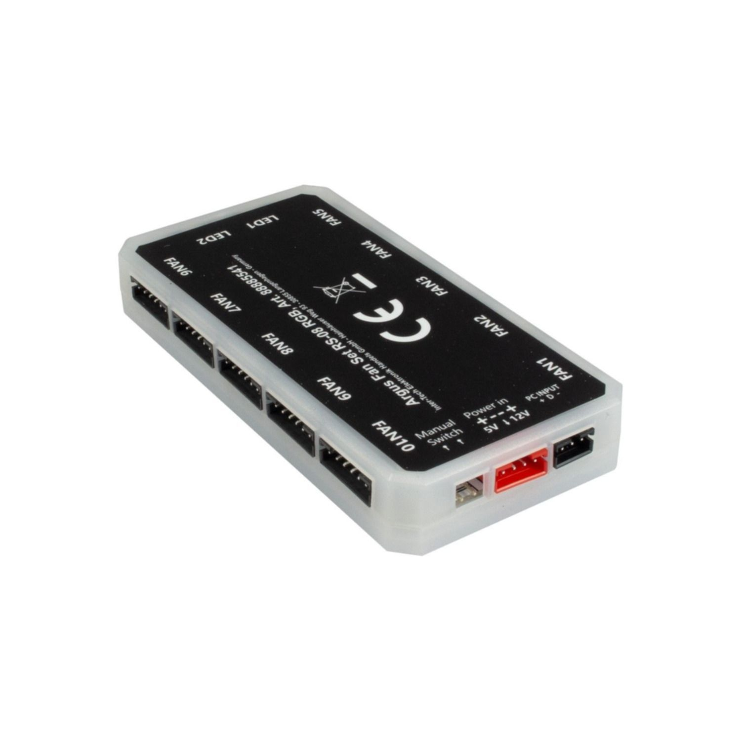 Schwarzer Lüfter-Controller mit Anschlüssen mit der Bezeichnung FAN1-10. Weißer Hintergrund.