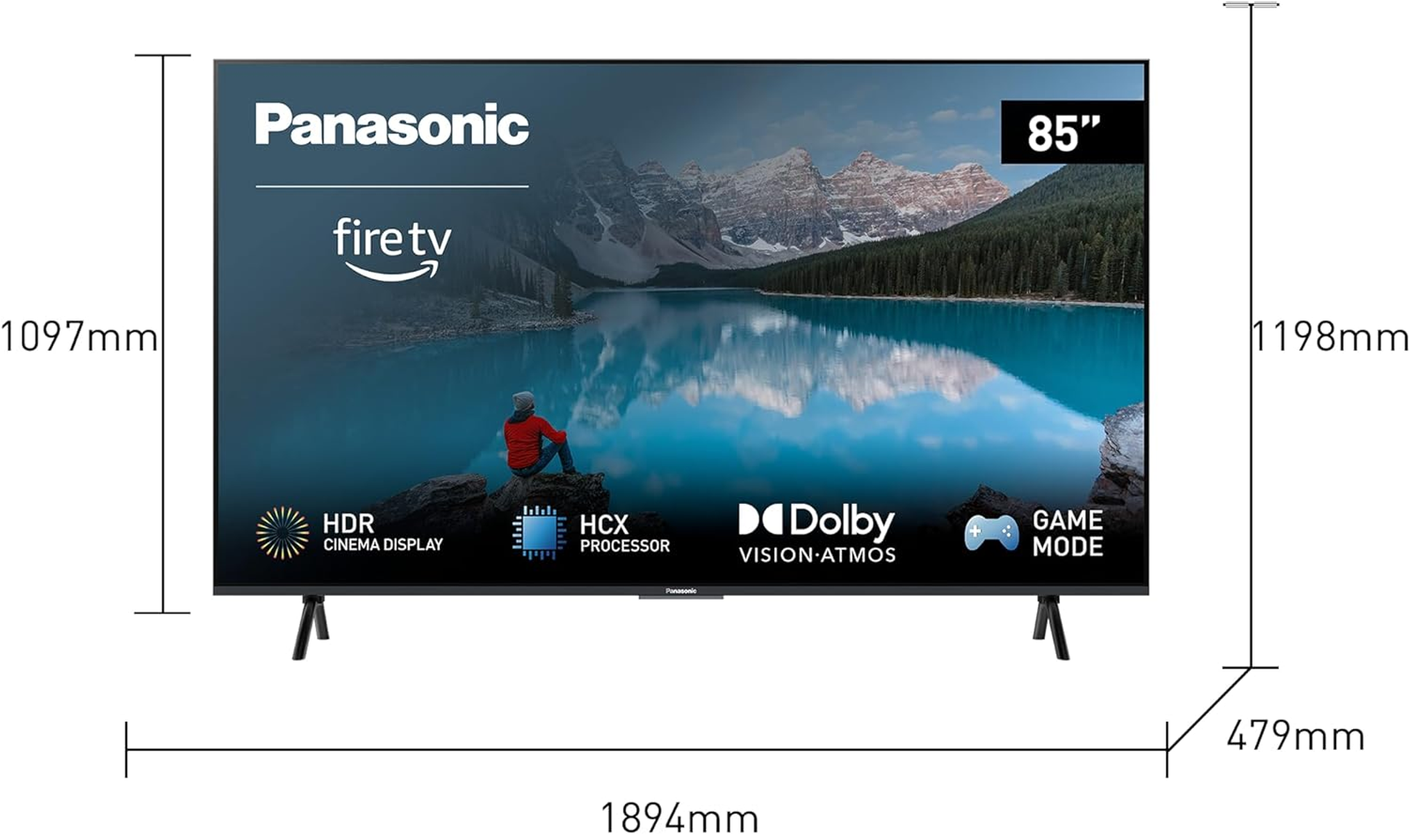 Un grande schermo TV con dimensioni. Un uomo è in piedi su una montagna sullo sfondo.