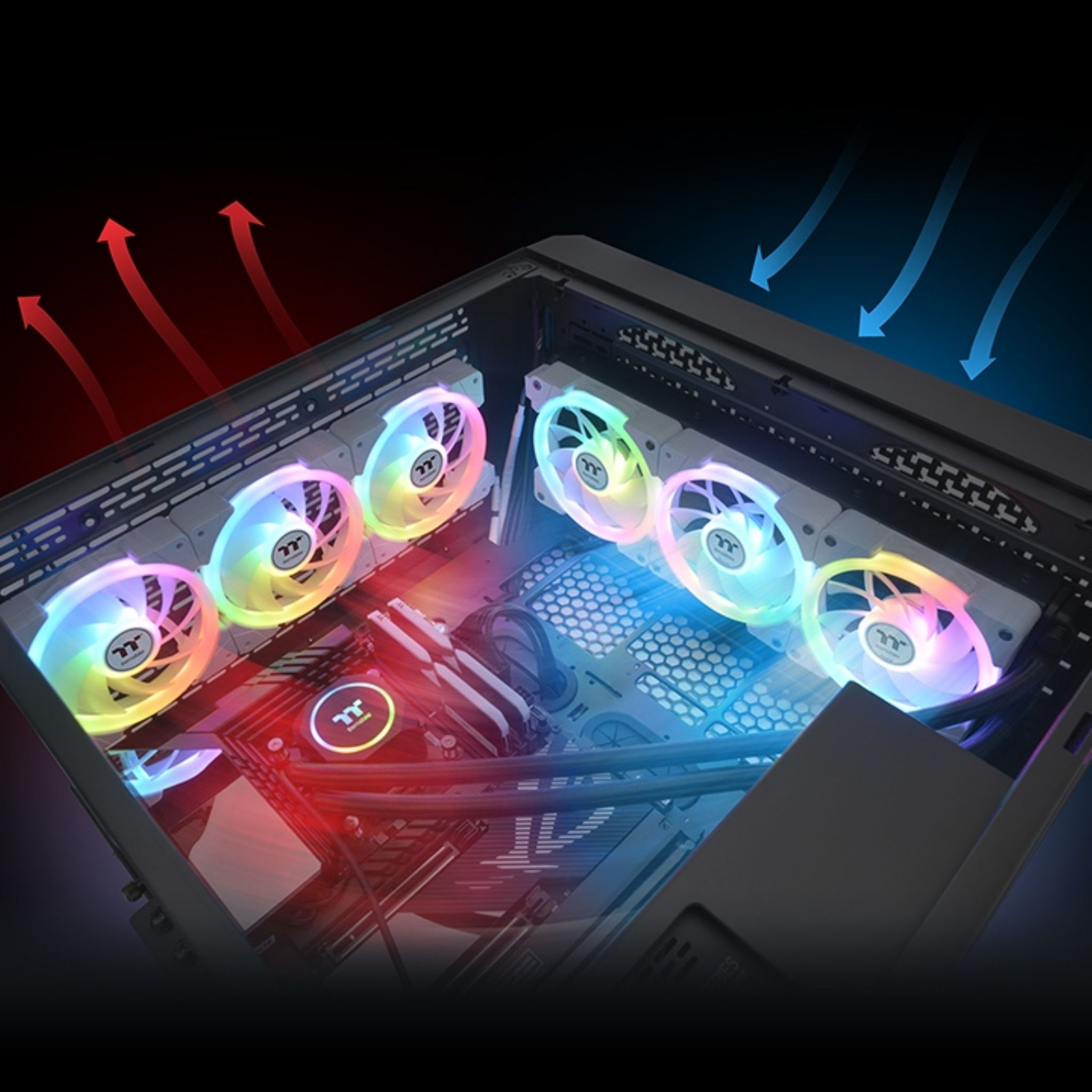 Ein Computergehäuse mit installierten Regenbogenfarben-Lüftern. Pfeile zeigen die Luftstromrichtung an.