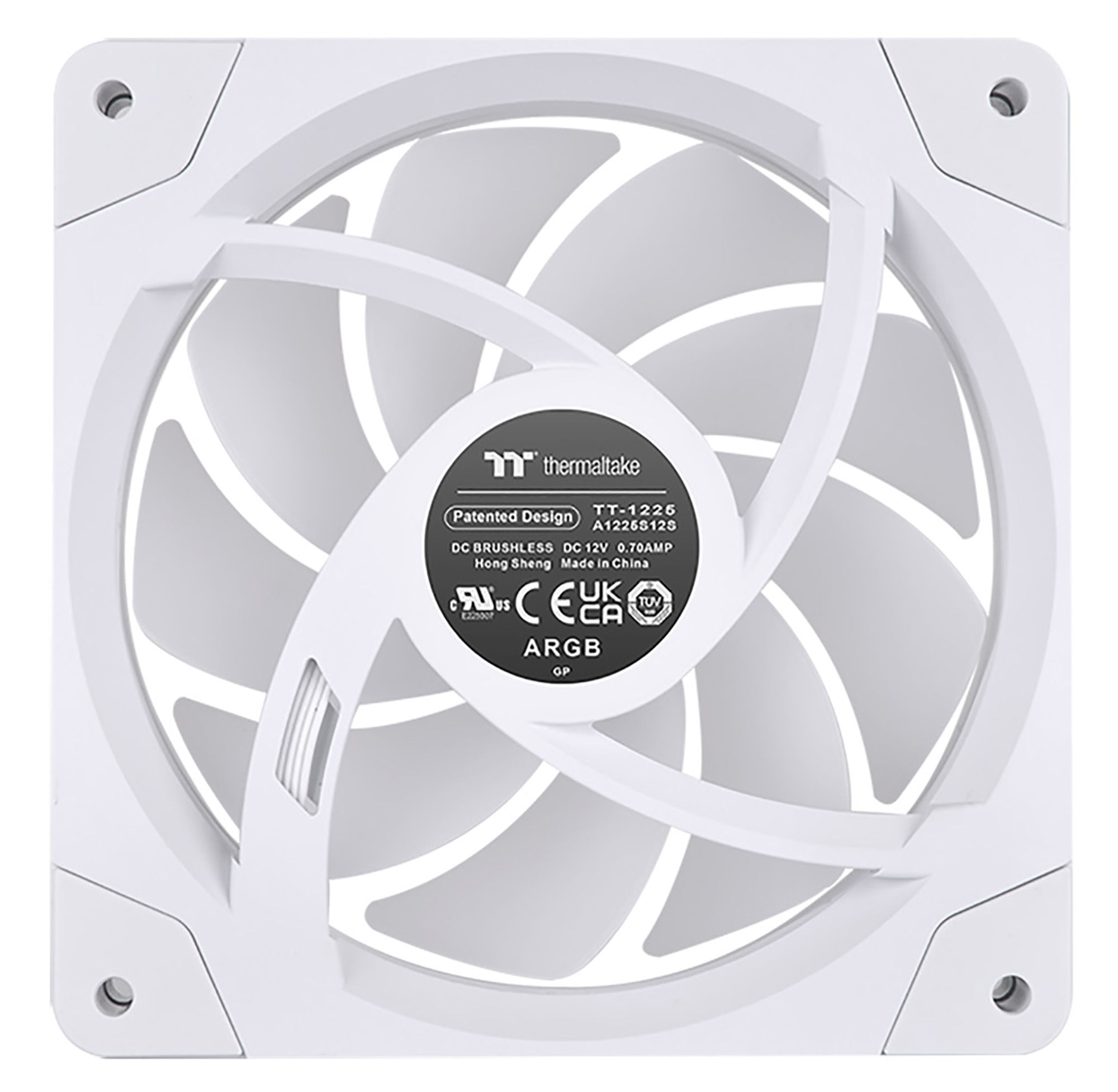 Weißer Lüfter mit weißen Flügeln. Text: thermaltake. ARGB. Rückansicht.