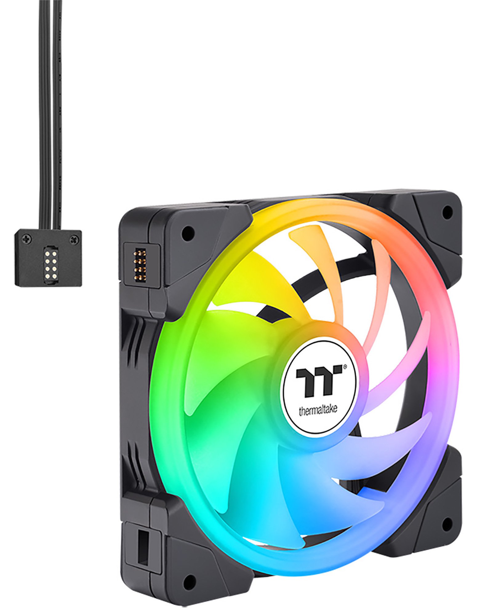 Ein schwarzer PC-Lüfter mit Regenbogen-LED-Beleuchtung und einem Anschlusskabel.