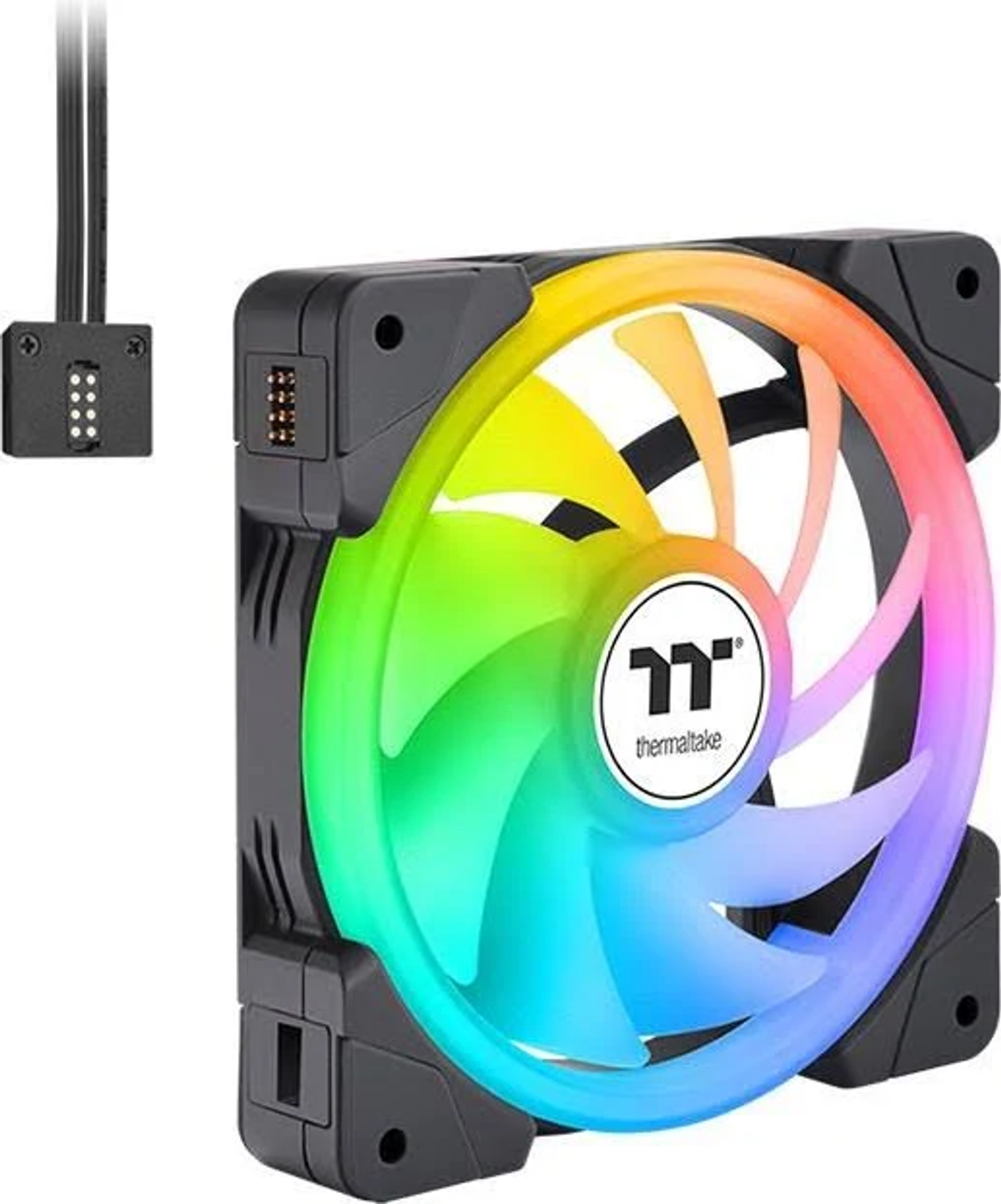 Schwarzer Lüfter mit bunten LED-Leuchten und Thermaltake-Logo.