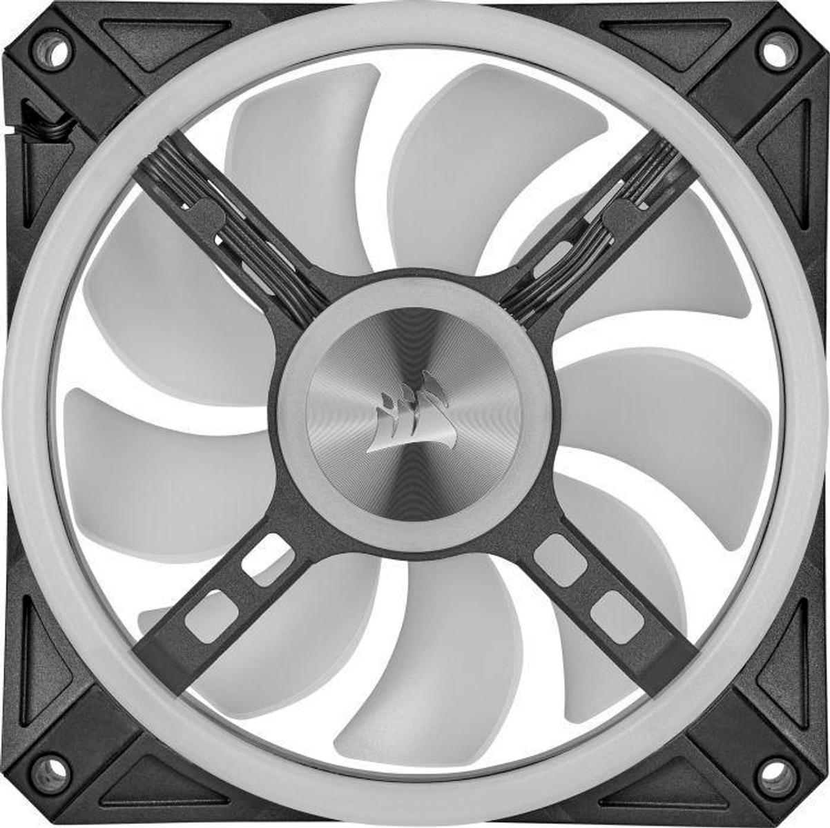 Ventola per computer in bianco e nero con pale bianche e logo centrale. Le pale hanno una cornice circolare.