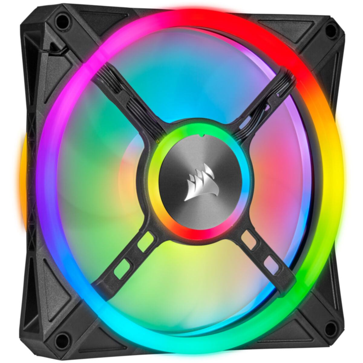 Primo piano di una ventola per PC nera con logo centrale e display LED circolare multicolore.