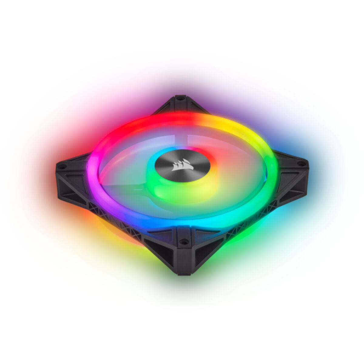 Ventola nera con un anello di luci arcobaleno. Le luci sono luminose e colorate.