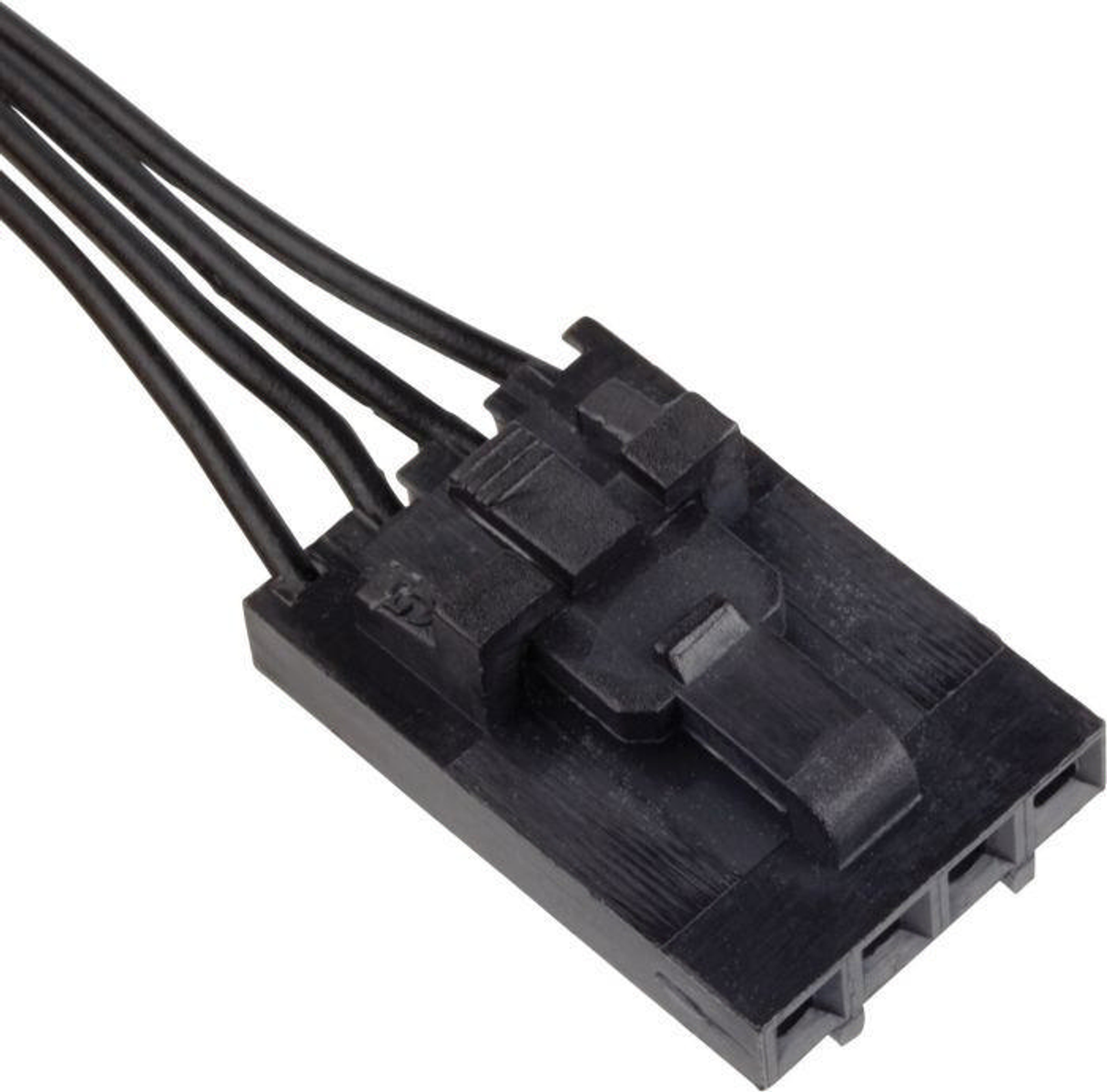 Un connettore elettrico nero con tre fili che si estendono da esso.