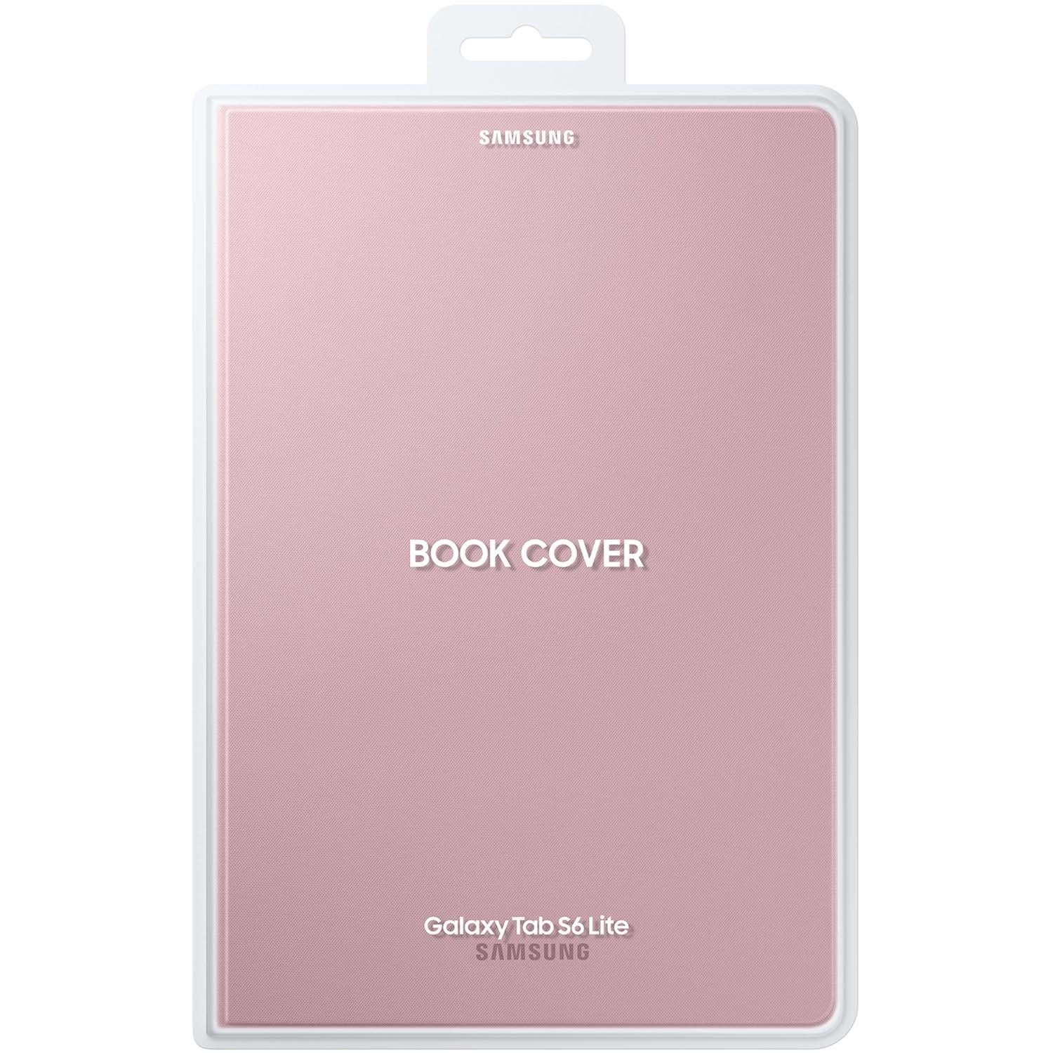 Funda de libro rosa Samsung Galaxy Tab S6 Lite en un paquete de plástico transparente.