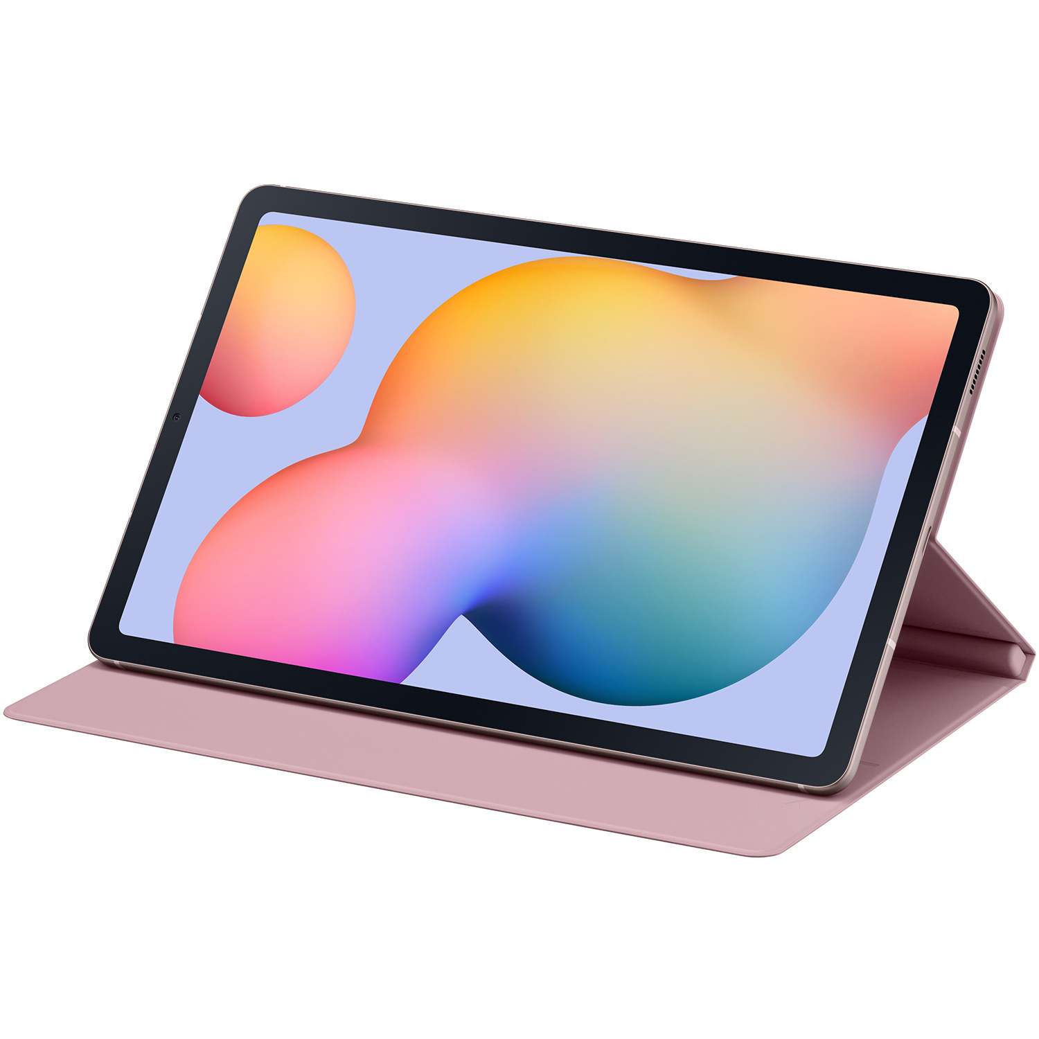 Una tableta rosa está en una funda rosa. La pantalla de la tableta muestra una imagen abstracta colorida.